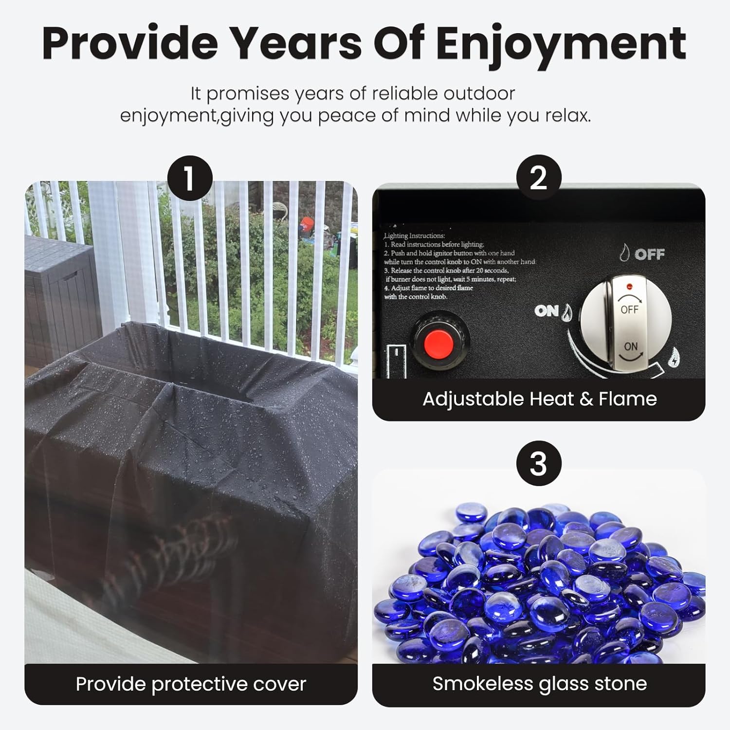 Rectangular Fire Pit Table, 44 inch Propane Gas Fire Pit with Glass Rocks, Wind Guard Glass Shield, Waterproof Cover for Outside Patio Backyard Deck Balcony