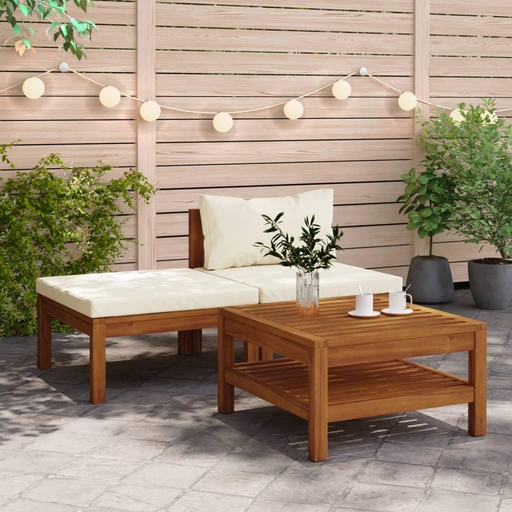 3 Piece Patio Lounge Set with Cream White Cushions Acacia Wood,Premium Acacia Wood Outdoor Lounge Set with Cushions and Coffee Table for Garden, Patio, and Terrace Patio Furniture Sets, Conversation S