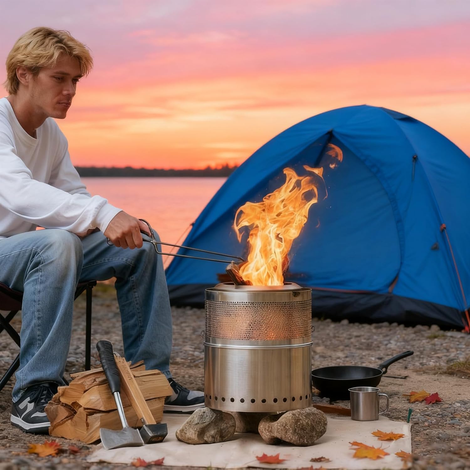 Outdoor Fire Pit with Carry Bag, Stainless Steel Table Top Firepit, Smokeless Firepit, Portable Solo Fire Pit, Hollow-Carved Design, for Camping Backyard Patio Garden Picnic Bonfire