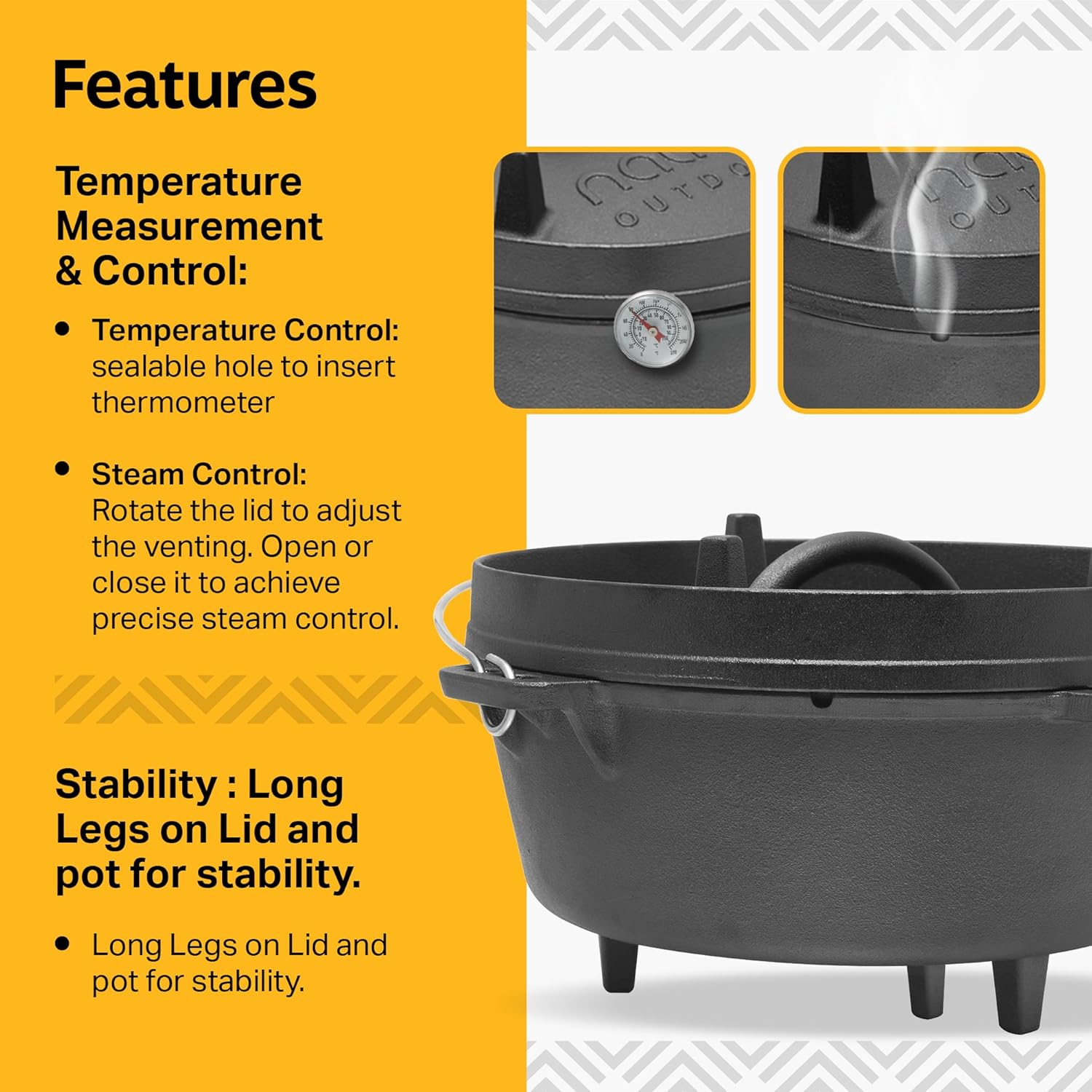 NATIVO 6QT Pre-Seasoned Outdoor Cast Iron Dutch Oven Pot with Multipurpose Lid, Dutch Oven for Camping and Outdoor Cooking using Fire and Coals, With Legs and Reversible Lid Grill