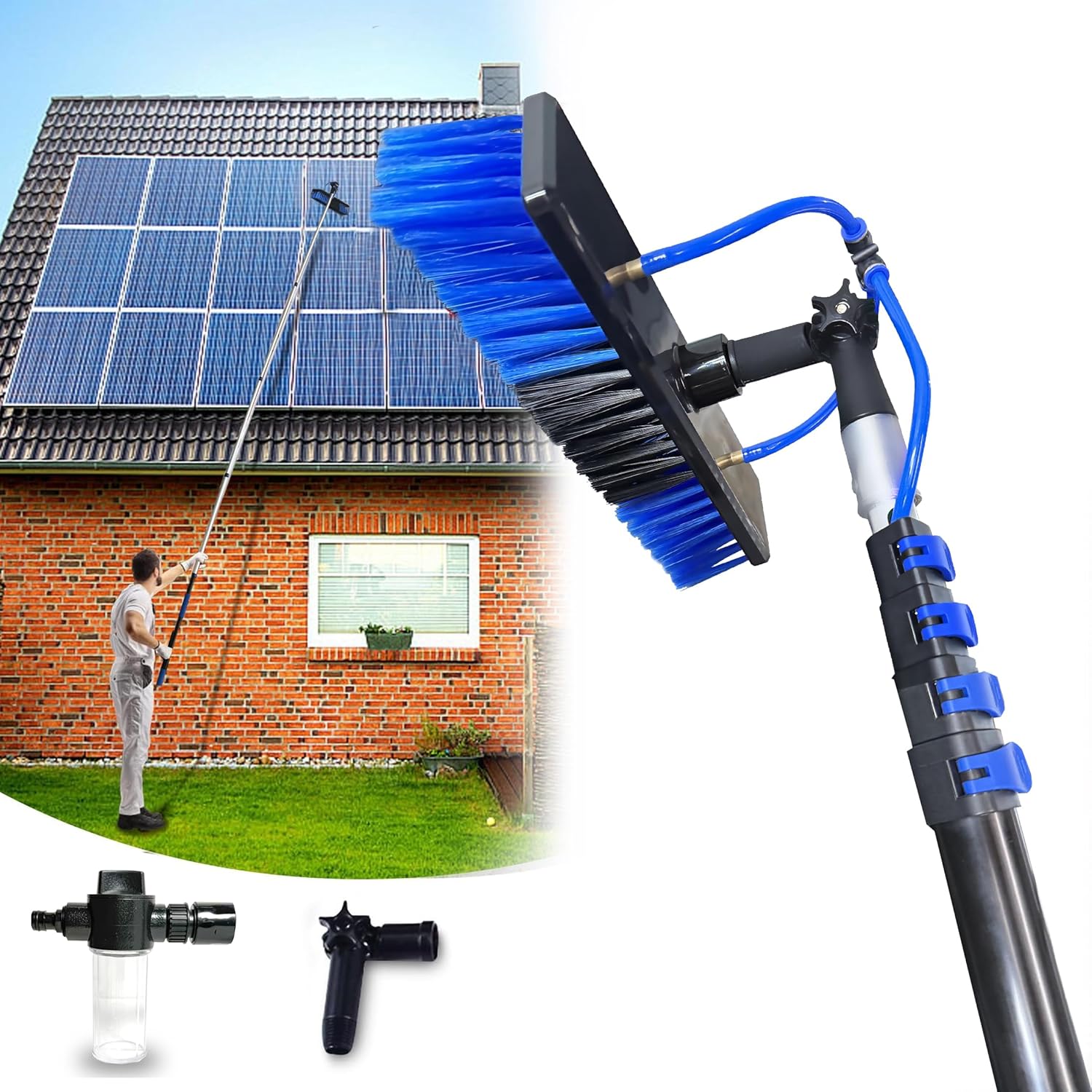 20FT Solar Panel Cleaning Kit with Telescopic Pole & Soap Dispenser, Water Fed Solar Panel Brush for Home/Roof/Caravan, Extendable Window Cleaner Tool for RV, Boat, Deck & Outdoor Use (20FT)