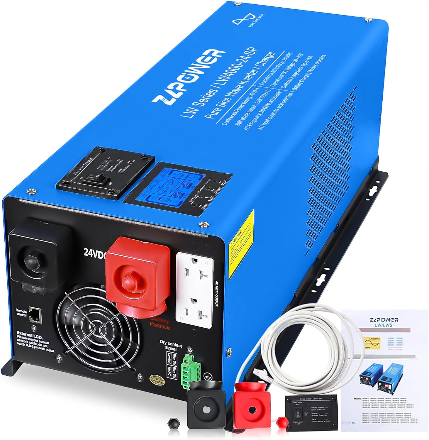 ZLPOWE 4000W Inverter Charger 24V DC and 240/120V AC Selectable Output Voltage Split Phase Low Frequency Peak 12000w Pure Sine Wave Inverters with Battery Charger LCD Panel for RV Camper Boat