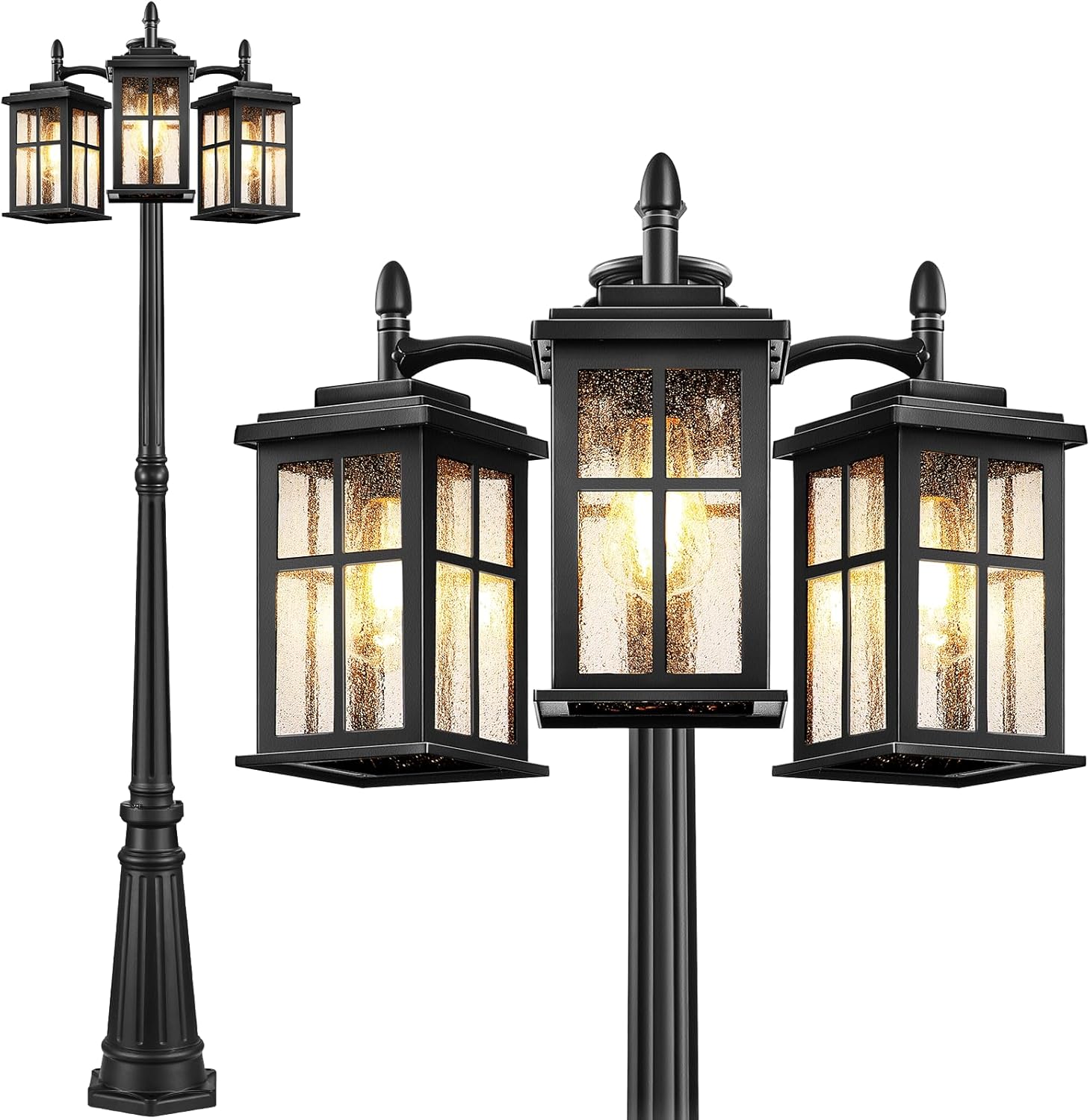 VIANIS 3-Head Outdoor Post Lights Hard Wired, Dusk to Dawn Black Lamp Posts Outdoor Lighting with Tempered Seeded Glass Anti-Rust Modern Triple Head Street Lamp Post for Garden Yard Patio Driveway