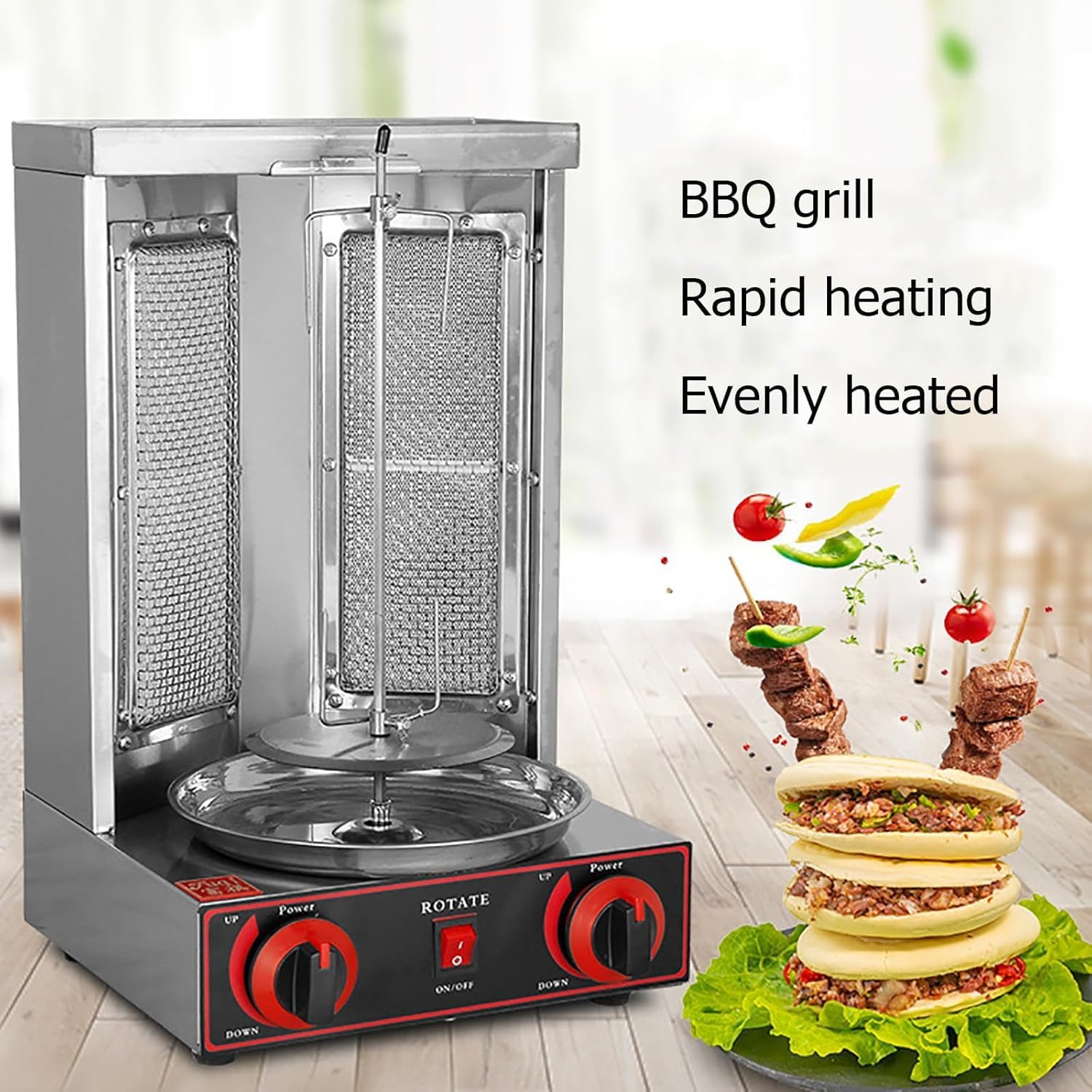 Vertical Grill Rotisserie, Electric Doner Kebab Machine with 2 Burners, Dual Control Heating/360° Rotatable/Double Rows of Cooling Holes, for Family Gathering