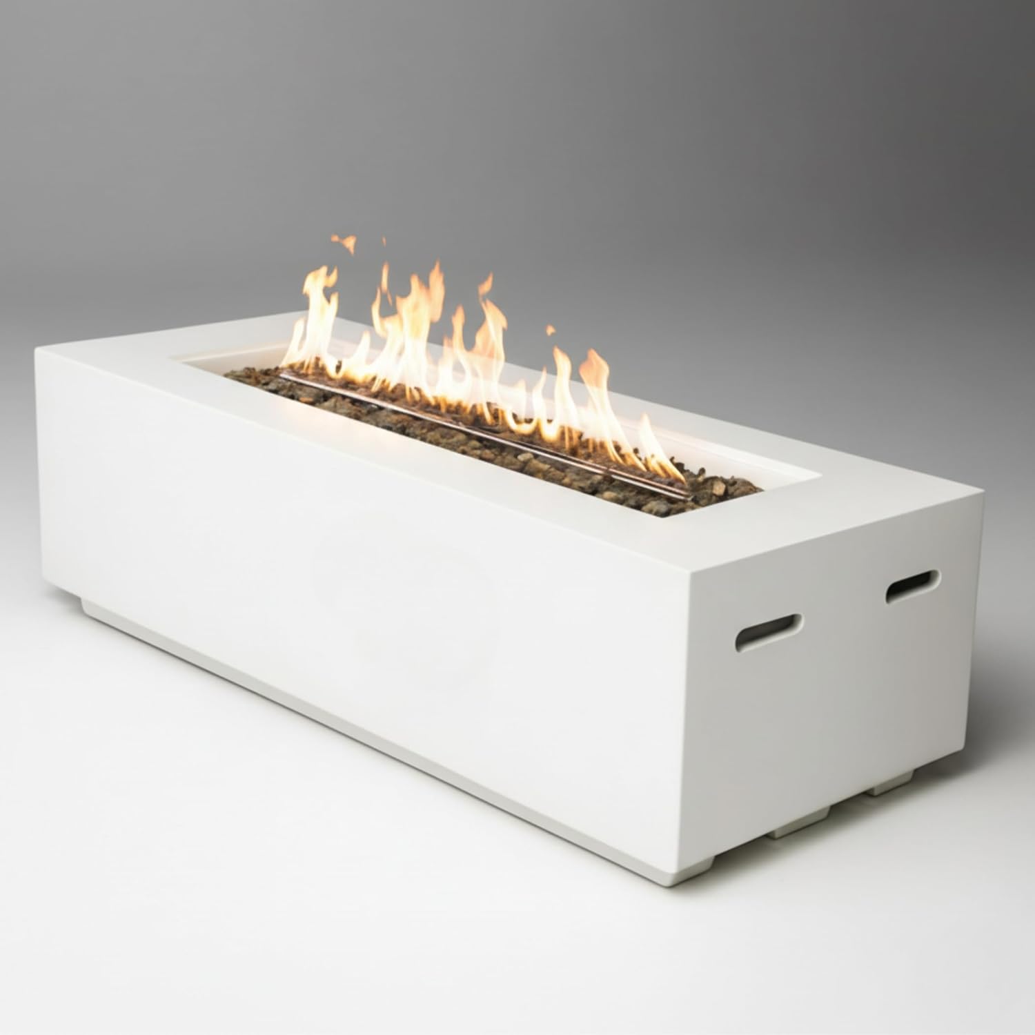 GOWE Outdoor Rectangle Propane Fire Pit Table 60inch, 60,000 BTU Concrete Fire Table with Waterproof Cover, Auto-Ignition, Free Lava Rocks,White