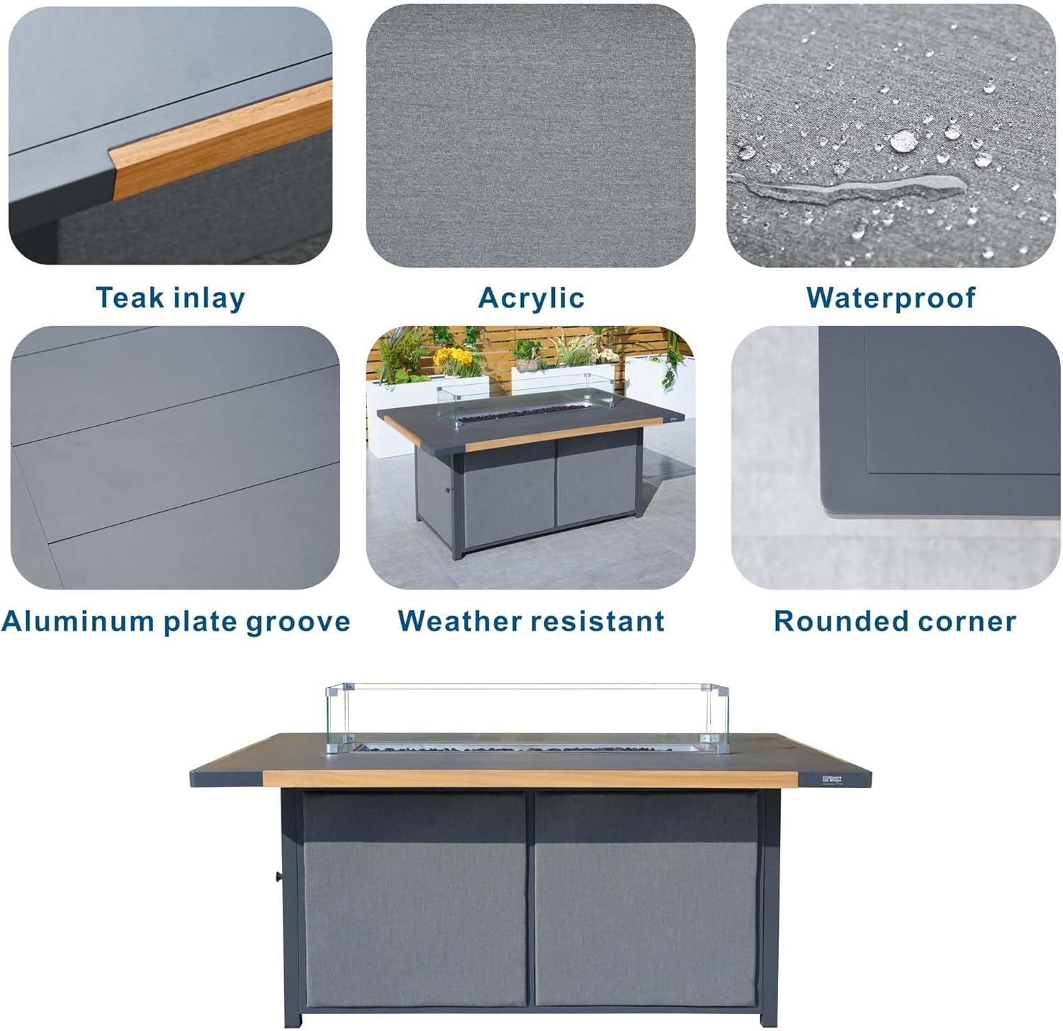 Outdoor Fire Pit Table with Glass Wind Guard, 63x39 inch Aluminum Table Top, Double-Walled Stainless Steel Burner, Weather Resistant