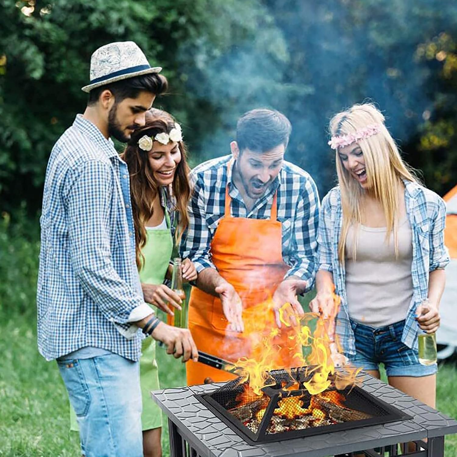 Square Metal Fire Pit Stove 31.89In Outdoor Fire Pit Table with Grill,Your Garden Warm Companion.