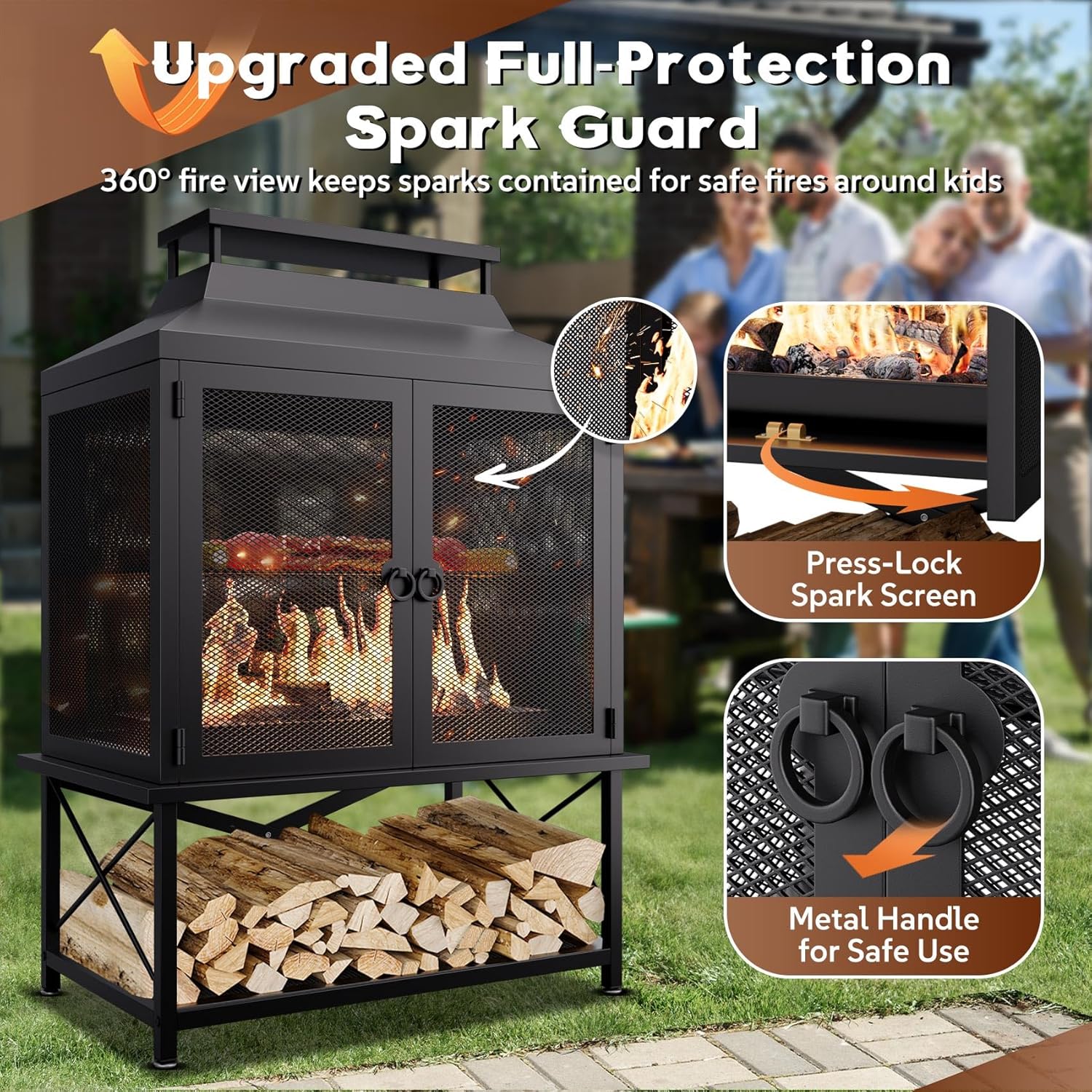 Outdoor Chiminea Fire Pit with Grill and Wood Storage, Large Wood Burning Fireplace for Outside with Chimney, Mesh Spark Screen Door & Fire Poker, Ideal for Patio, Backyard, Garden, and Camping