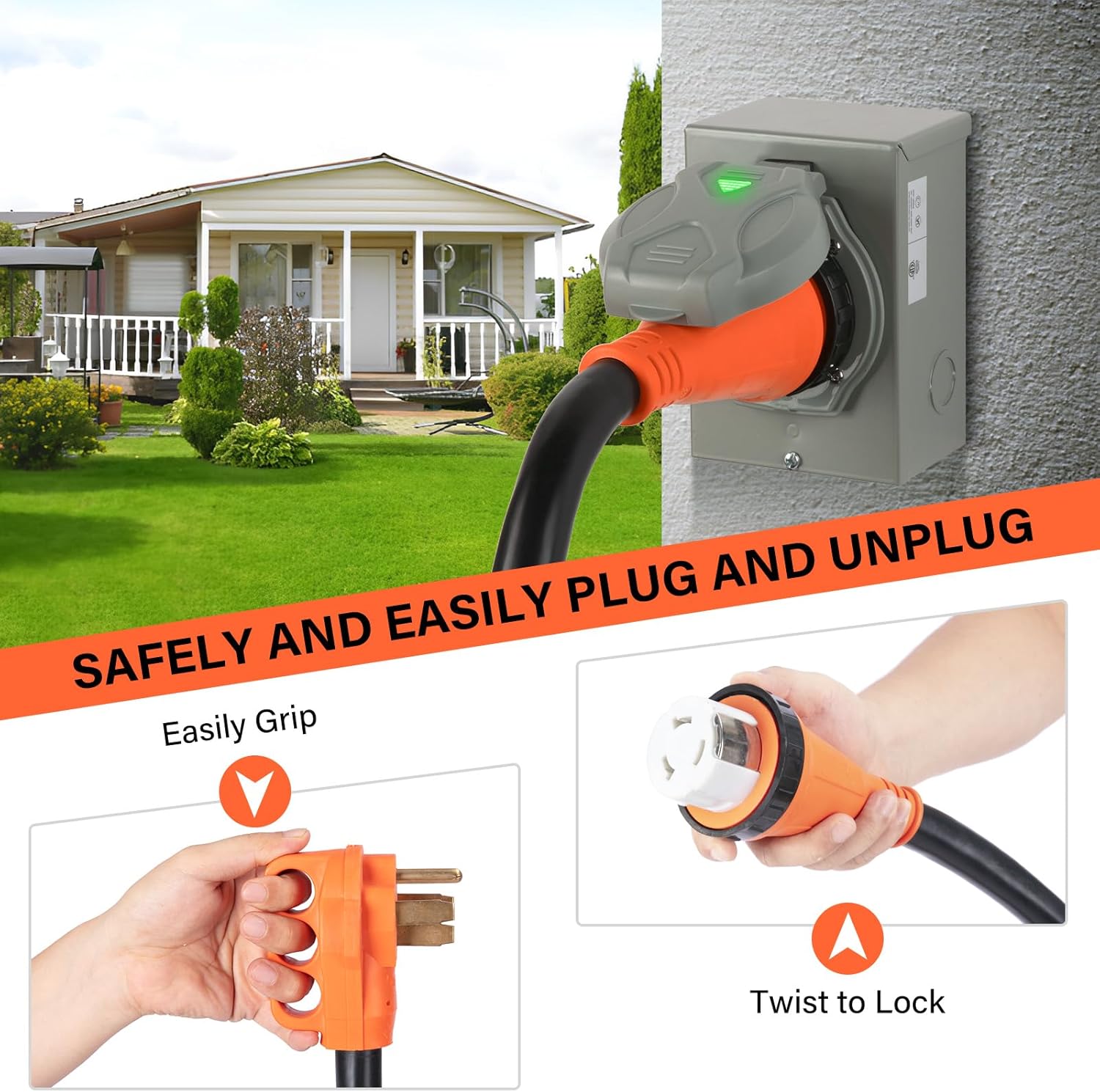 WELLUCK 50 Amp 25FT RV Power Extension Cord with Cord Organizer, Heavy Duty NEMA 14-50P to SS 2-50R RV Twist Locking Adapter Plug for RV Camper and Generator to House,RV Gauge, ETL Listed