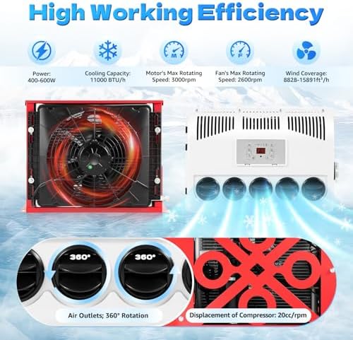 12V RV Air Conditioner kit, Truck Camper Mini Split AC Electric Automotive Universal Van AC Unit for Truck Caravan Bus New Energy Car Cooling (400-600W, BTU:11000/h)