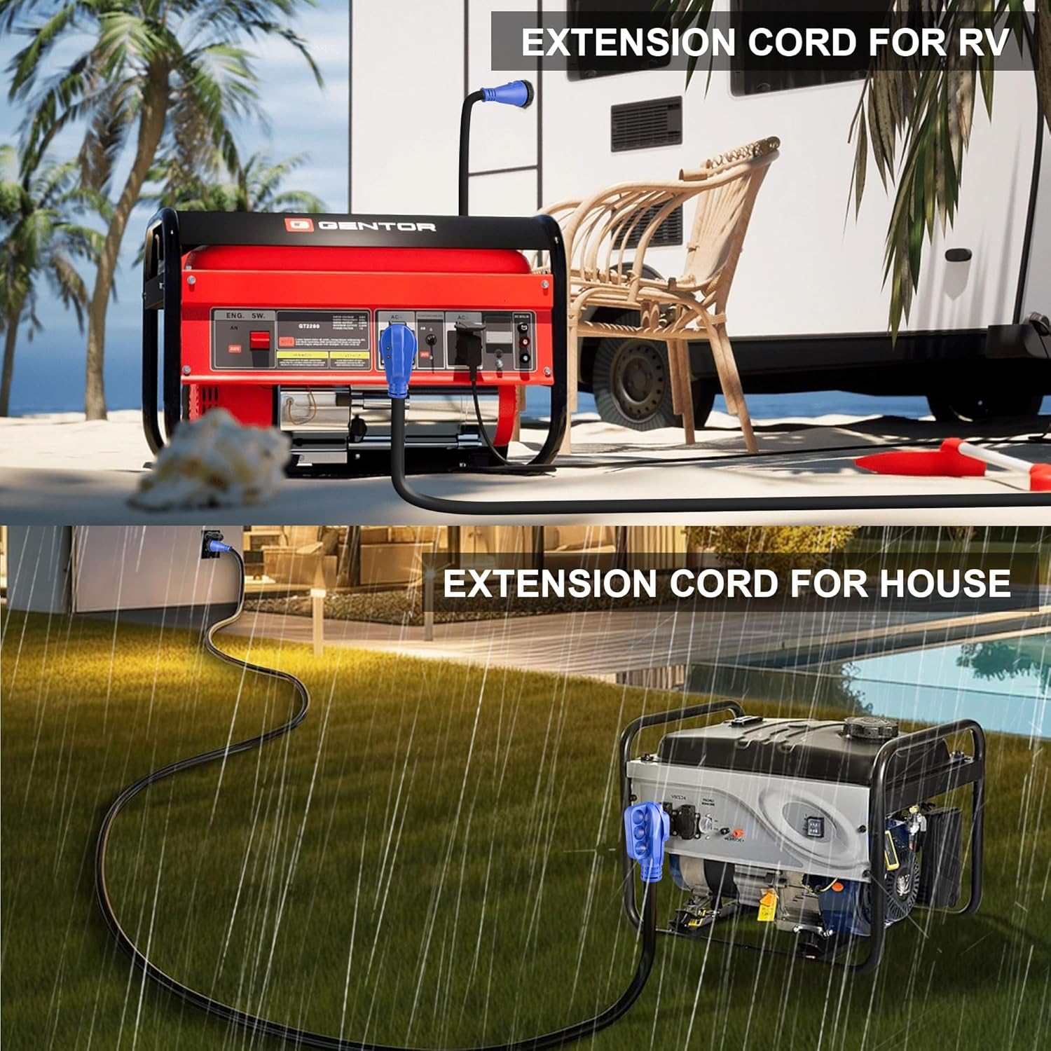 50 Amp RV Extension Cord 10 ft, NEMA 14-50P to SS2-50R Cable with Power Indicator& Polarity Lamp, 4 Prong 30A to 50A Generator Adapter Cord, NEMA L14-30P to 14-50R