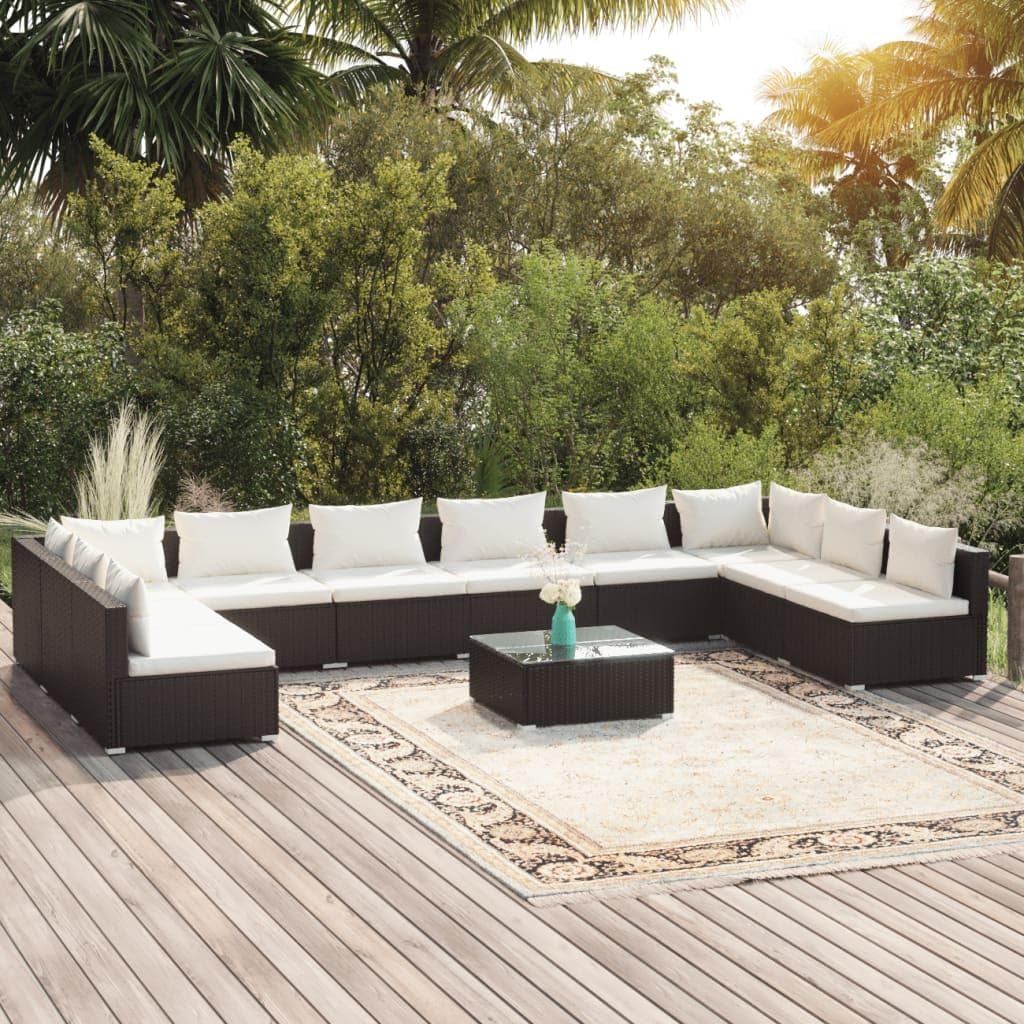 11 Piece Patio Lounge Set with Cushions Poly Rattan Black Furniture Sets for Patio, Lawn & Garden
