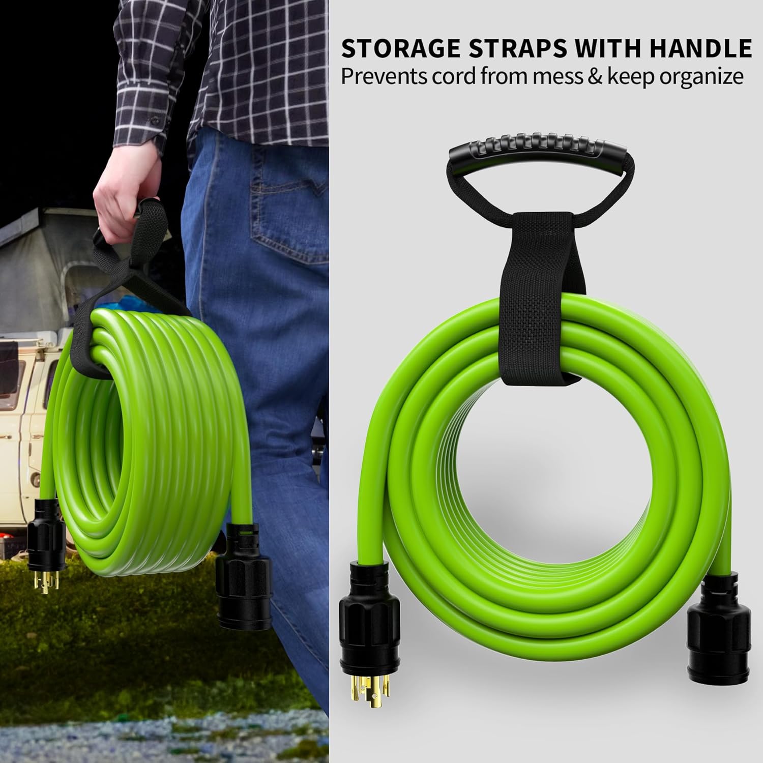 POWGRN 50Feet 30 Amp Generator Extension Cord 4 Prong,Heavy Duty NEMA L14-30P/L14-30R,125/250V 7500W,Green 10 Gauge STW Twist Locking Generator to House Power Cords with Cord Organizer,ETL Listed