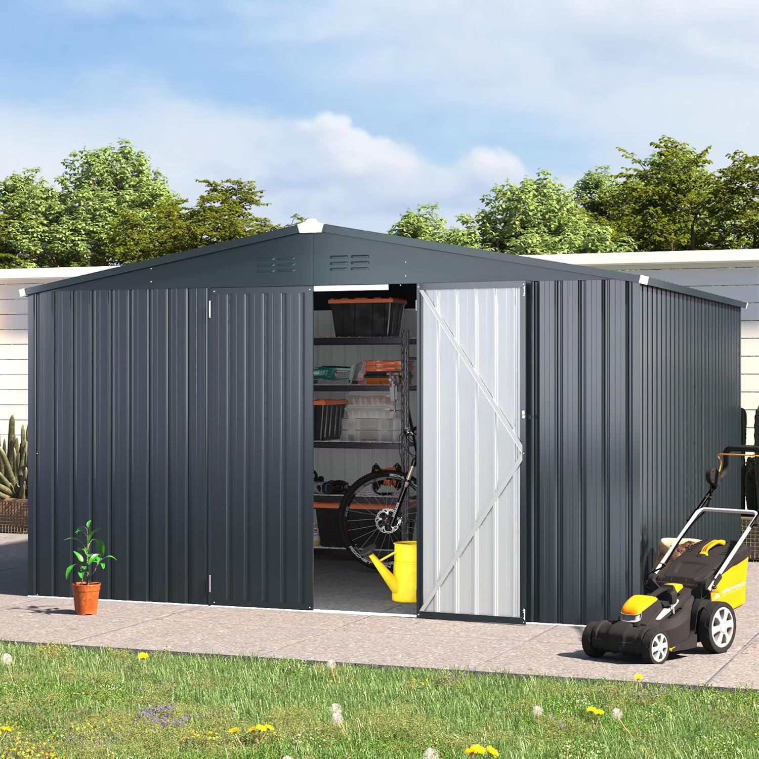 AECOJOY 10' x 12' Shed, Outdoor Storage Shed, Dark Grey Large 12x10 Sheds & Outdoor Storage Clearance with Lockable Doors, Utility and Tool Storage Garden Shed Backyard, Patio and Outside