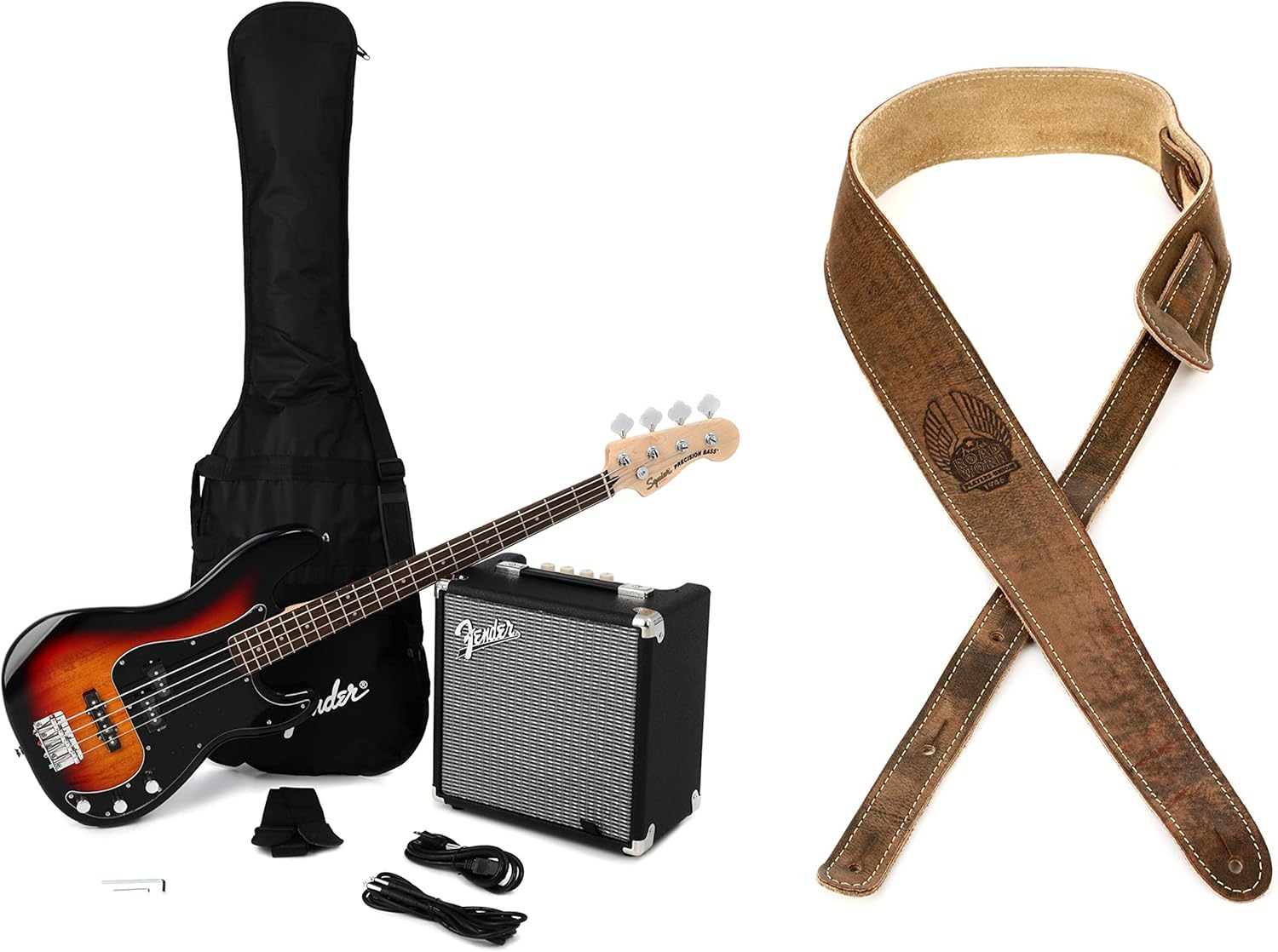 Squier Affinity Series Precision Bass PJ Pack - 3-Color Sunburst with Laurel Fingerboard + Fender Road Worn Strap - Brow