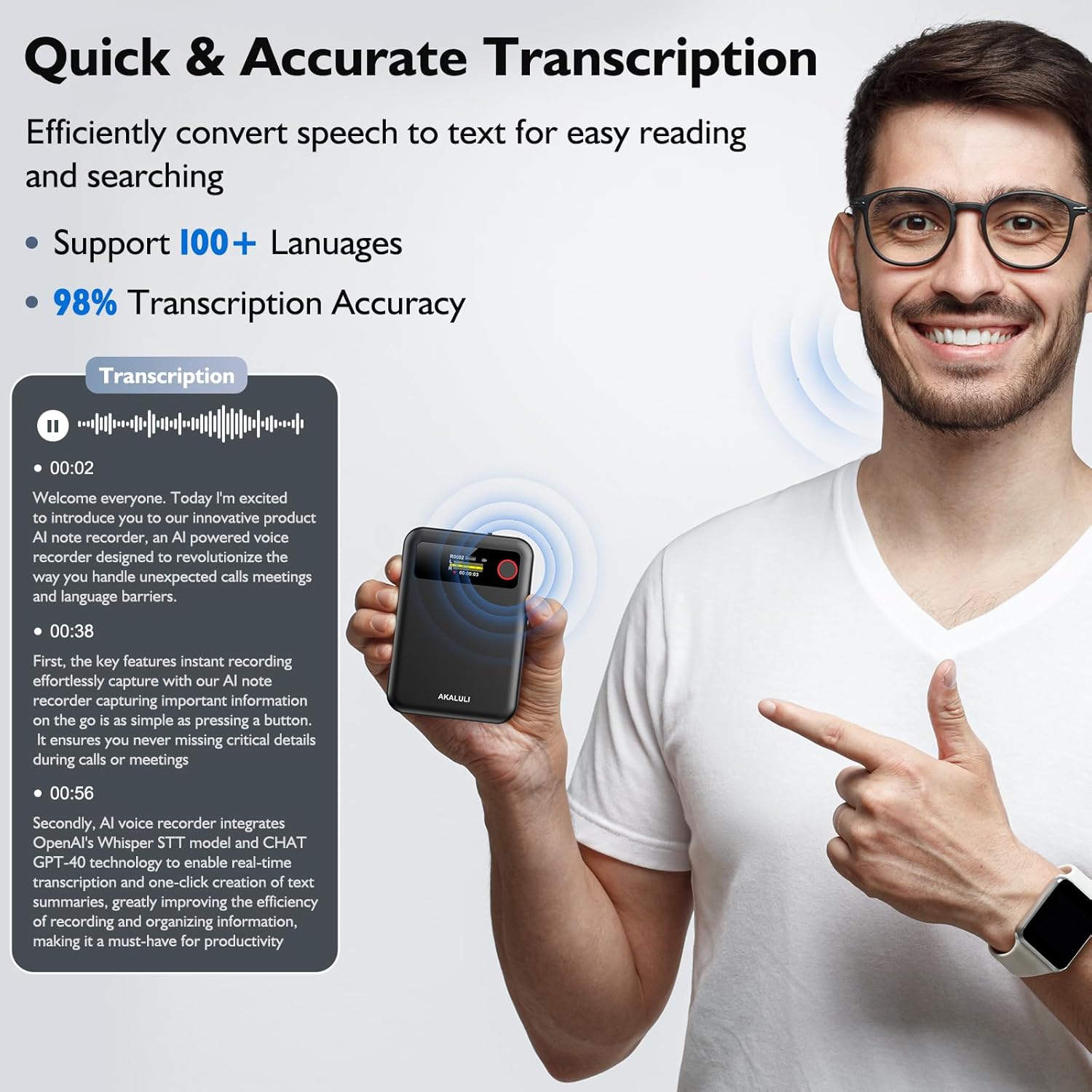 AI Voice Recorder with Transcribe Summarize: Note Voice Recorder with APP Control, 30H Continuous Recording, 64GB Memory Support 100+ Languages, AI Recorder for Calls, Lectures, Meetings