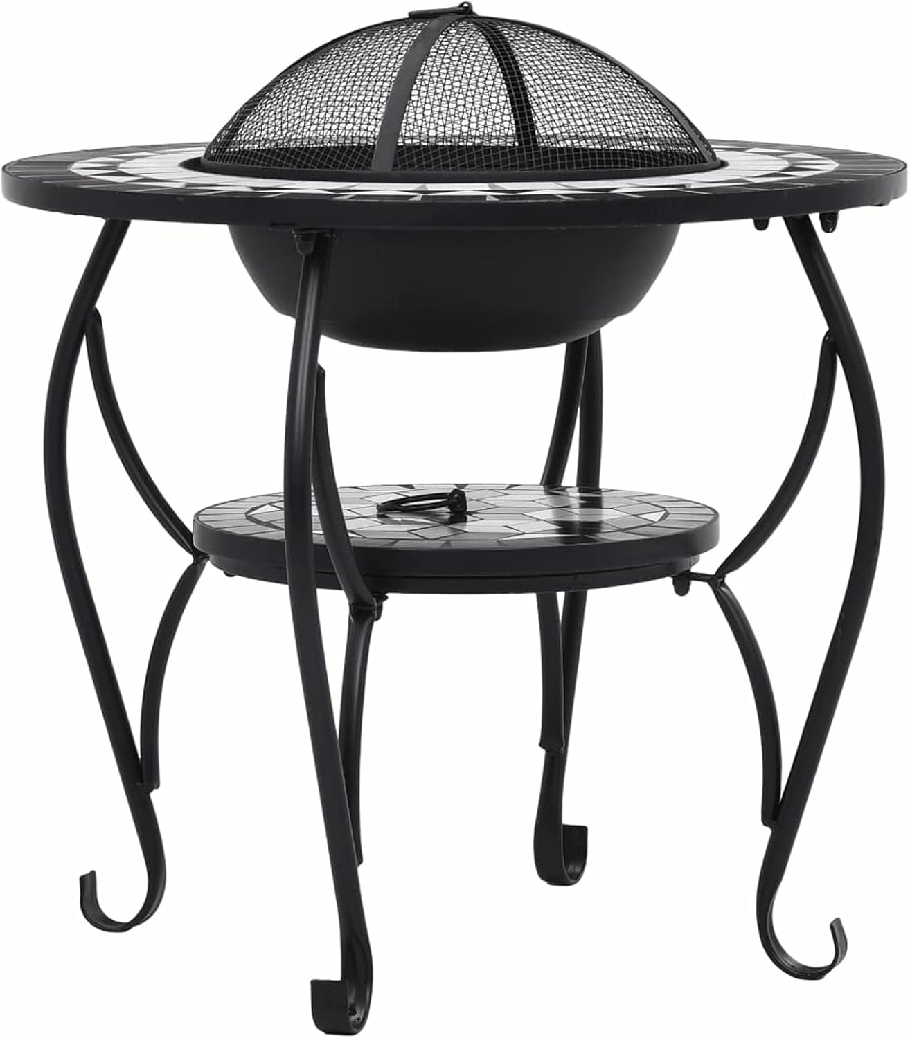 Mosaic Fire Pit Table, Black and White Ceramic Steel 26.8in Round for Garden Patio Warmth and Barbecue