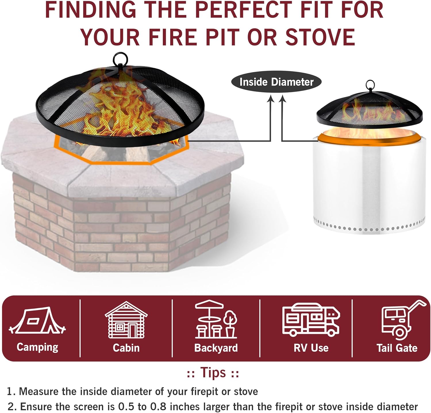 Fire Pit Spark Screen- Heavy Duty Fire Pit Screen 36 Inch Round with Hook Handle—Powder Coated Domed Outdoor Round Patio Mesh Firepit Screens Guard for Outdoor/Patio/Backyard/RV Camping/Beach