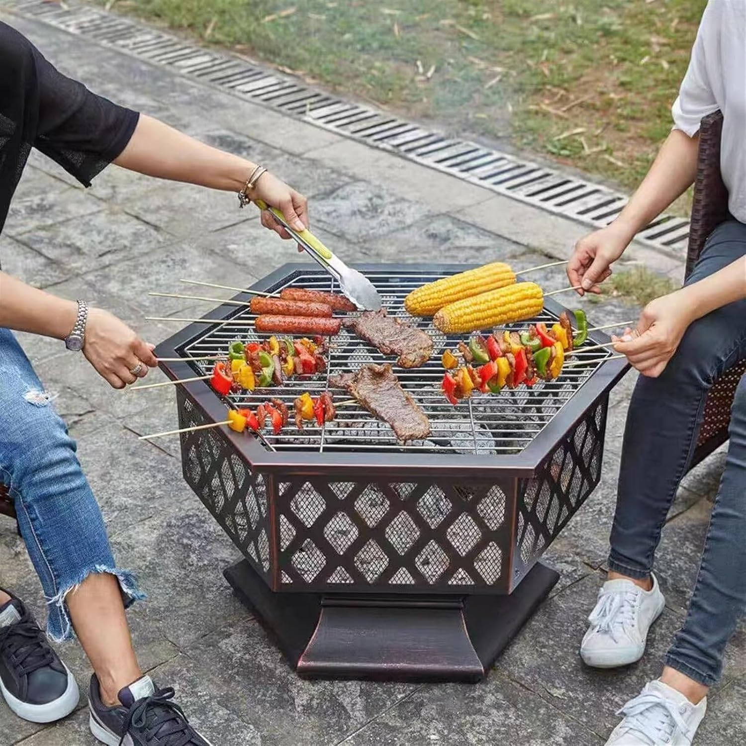 Fire pit with grill Fire Pit with Grill, Large Wood Burning Fire Pit with Cooking Grate, Outdoor Firepit with Fire Poker for Backyard Bonfire Patio Outside Picnic BBQ, Taygate9630