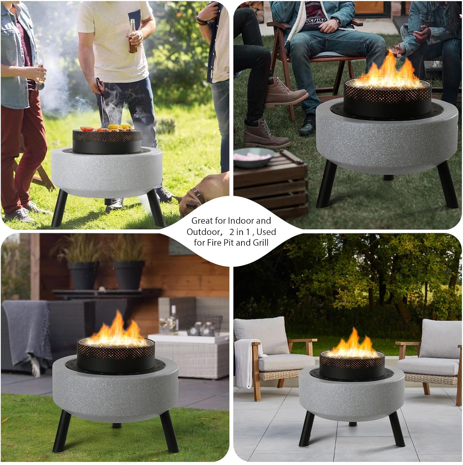 Outdoor Round Fire Pit 25” Faux Concrete Burning Firepit Portable Tripod Charcoal Grill for Patio Garden Backyard Barbecue, with Spark Screen, Firebowl, Poker, Stainless Steel Rack