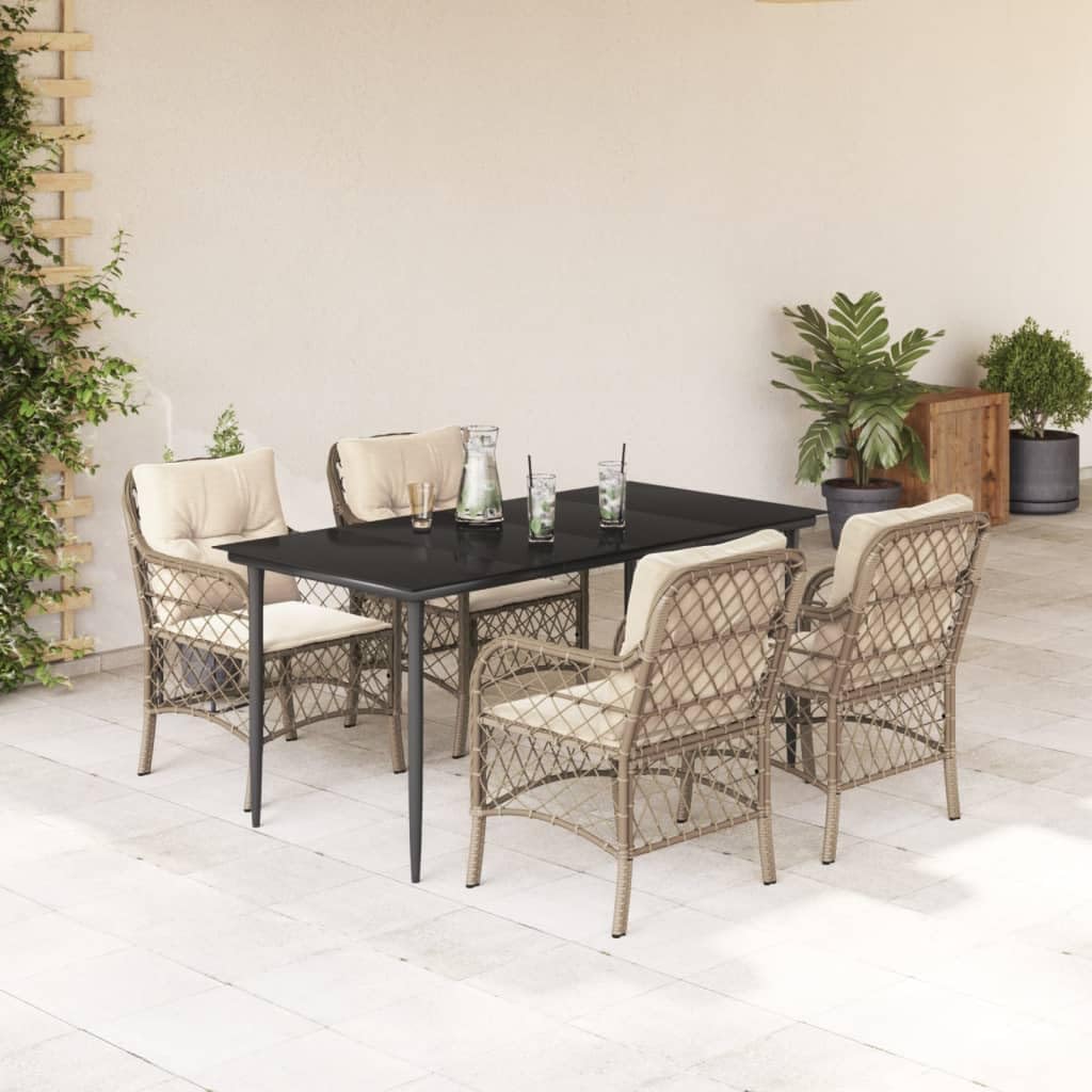 5 Piece Patio Dining Set with Cushions Beige Poly Rattan,AllWeather Rattan Patio Dining Set with Cushions and Glass Table Furniture Sets for Patio, Lawn & Garden