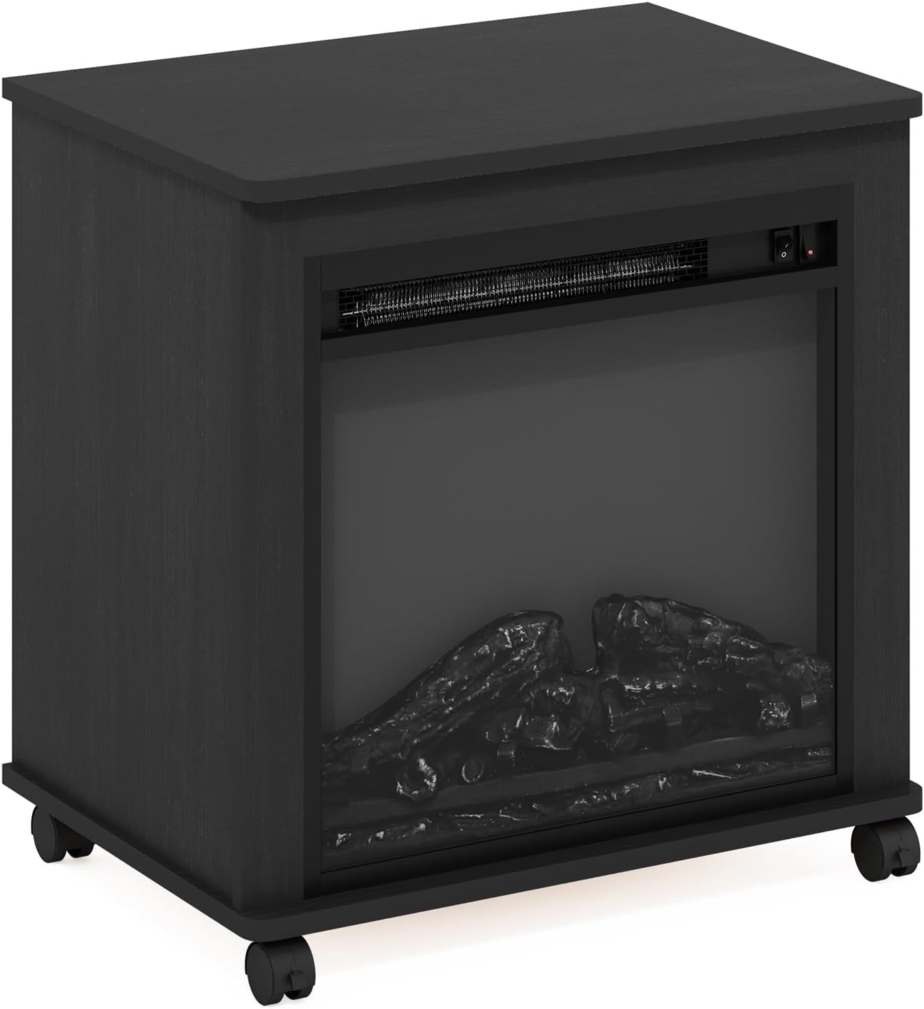 Furinno Jensen Side Table, Fireplace End Table with Wheels, Electric Fireplace Night Stand, Bedside Table, for Living Room, Bedroom, Americano