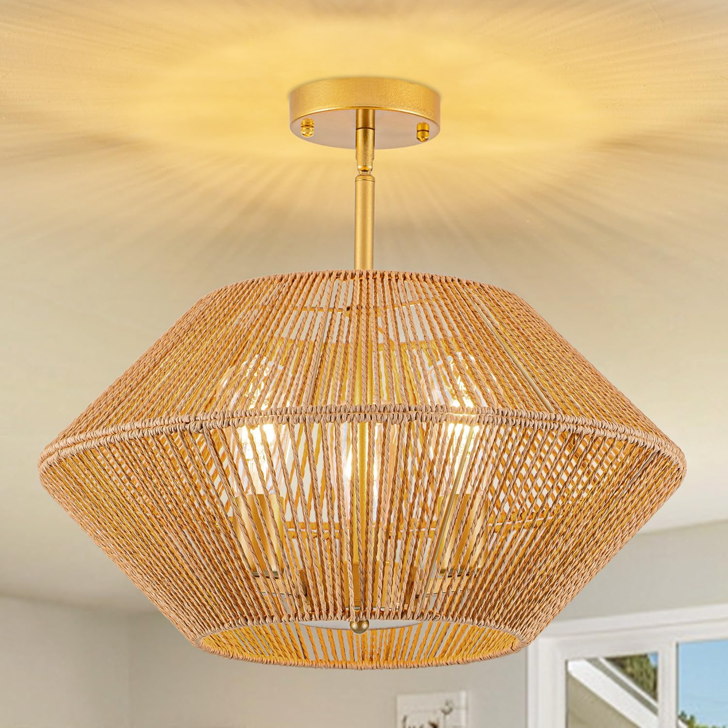Rattan Ceiling Light Fixture, 3-Light Boho Semi Flush Mount Ceiling Light, 20