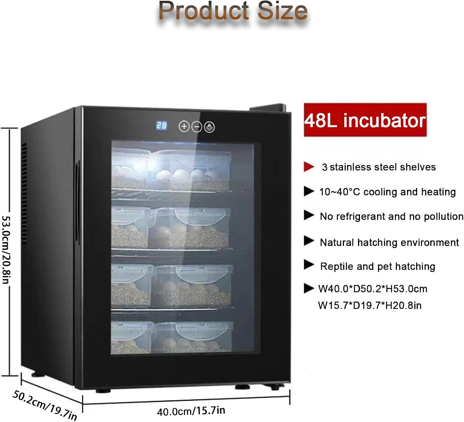 16L Portable Reptile Incubato, Chameleon Lizard Turtle Scientific Lab Incubator, Cooling and Heating 10°C-40°C Temperature Control & Digital LED, for Small Reptiles,48L
