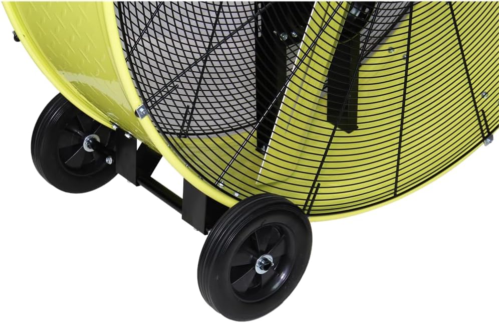 K Tool International 77743 42” Belt Drive Drum Fan with 8” Wheels, High-velocity, 2-Speed, Cut-off Protection, 14,800 Max CFM, cUL listed, Used in Warehouses, Shops, Greenhouses, Barns, Gyms, Yellow