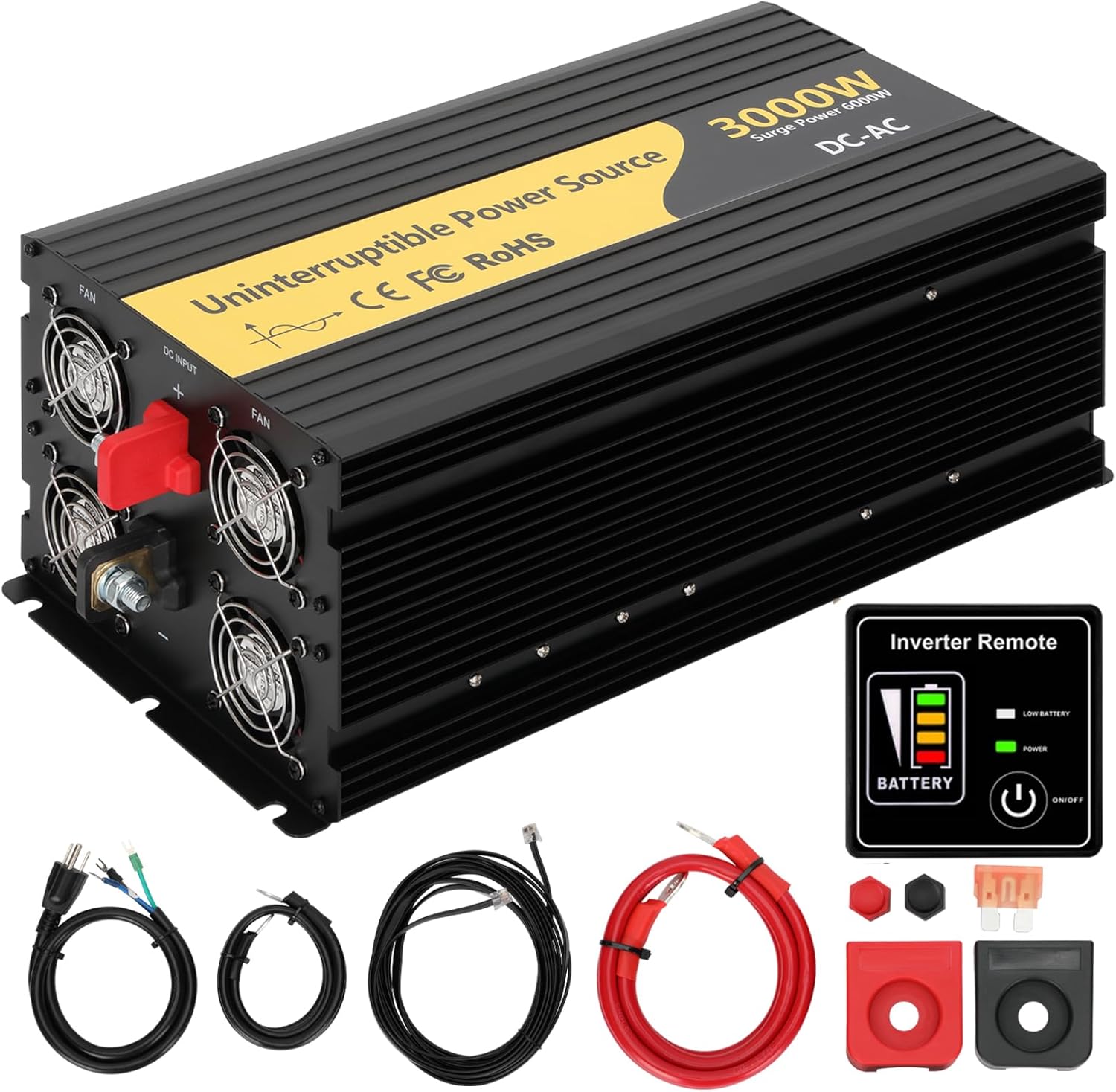 New Upgrade 3000W Pure Sine Wave Inverter Charger, Auto Transfer Switch, Remote Control, DC 12V to 120V AC with LCD Display, Ideal for Off-Grid & Emergency Power