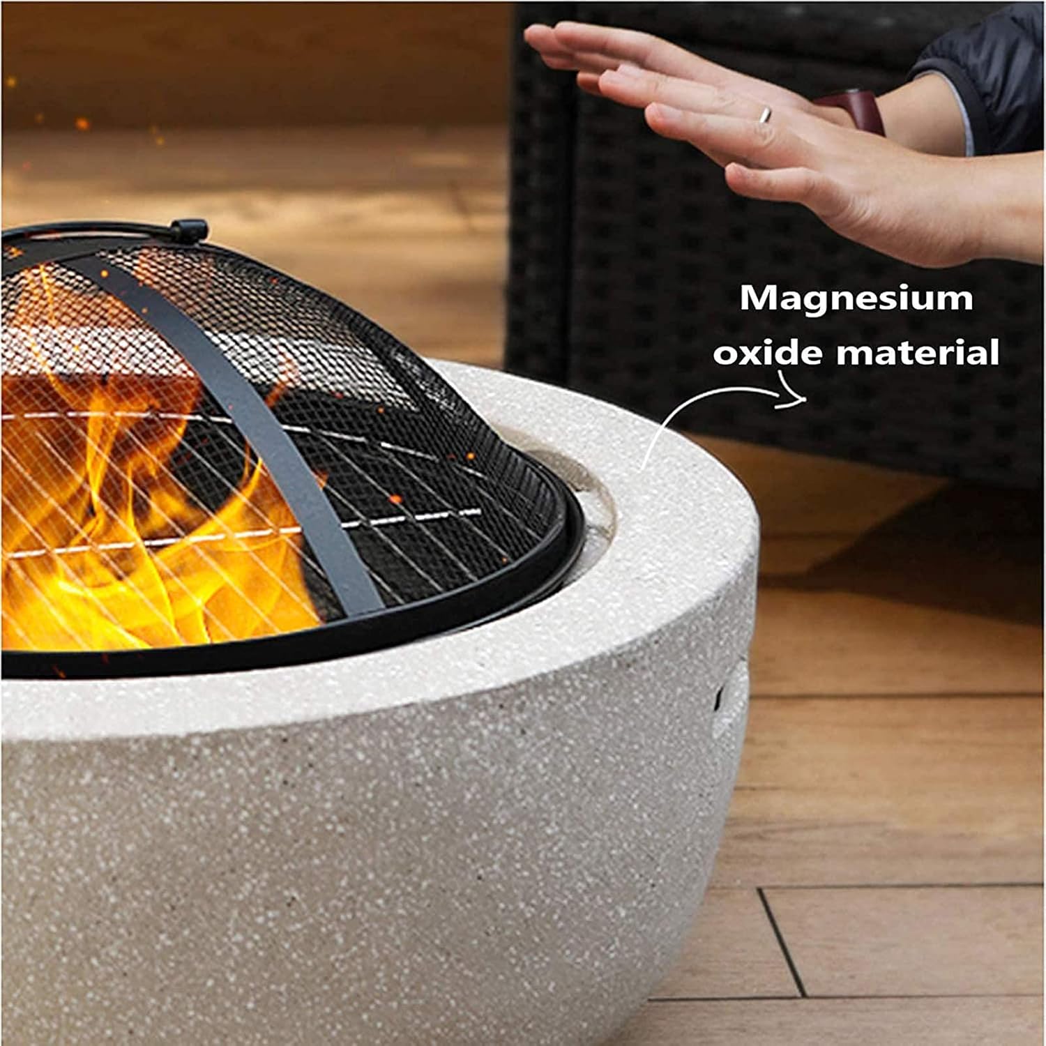 Small Fire Pit, Fire Pit with BBQ Grill Shelf, Garden Patio Heater Charcoal Log Wood Burner Fire Bowl with an Edging of Artificial Stone Outdoor Fire Pit Bowl