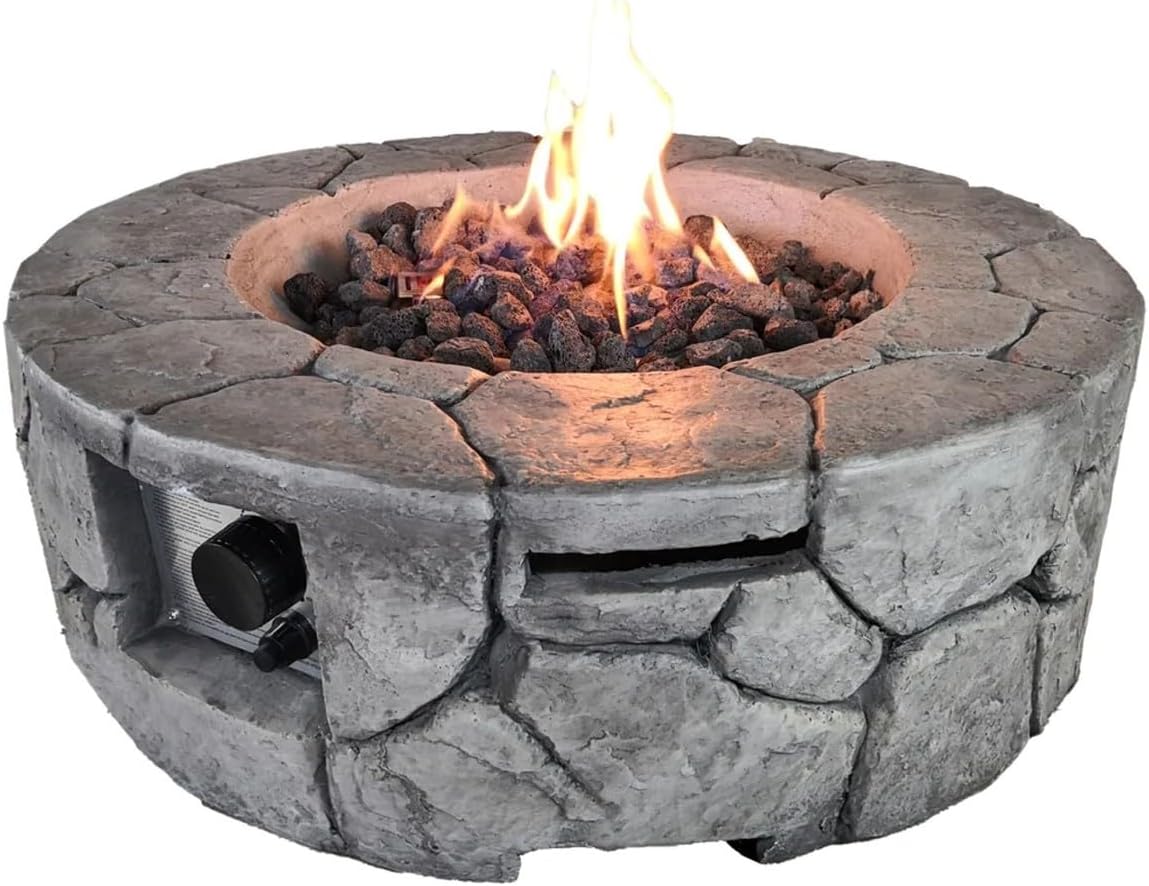 Outdoor Heater 28 Inch Propane Smokeless Fire Pit Bowl Round Gray Stone-Look Gas Firepit for Patio & Backyard Push-Button Ignition Adjustable Flame Control