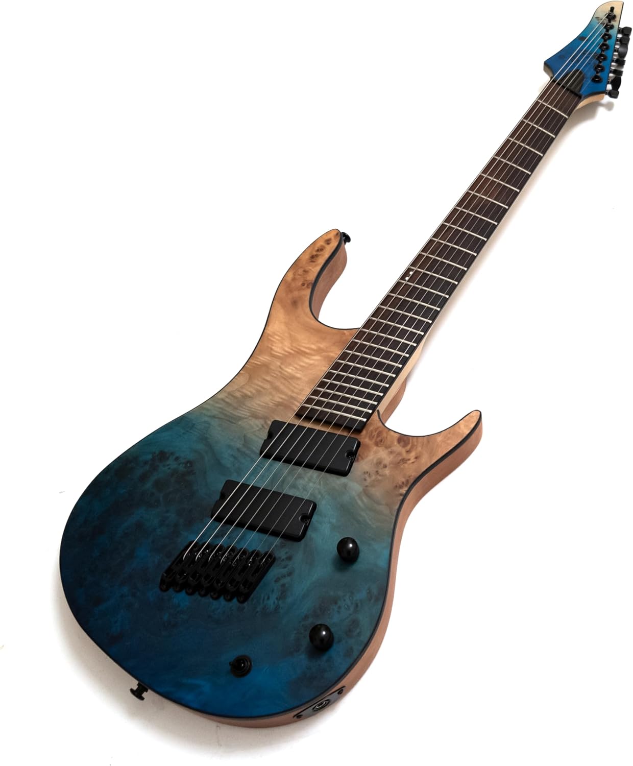 7-String Solid Body Electric Guitar, Ceramic Humbucker Pickups, Fanned Fret Design, Roasted Maple Neck, Ocean Fade Poplar Burl Top, Stainless Steel Frets