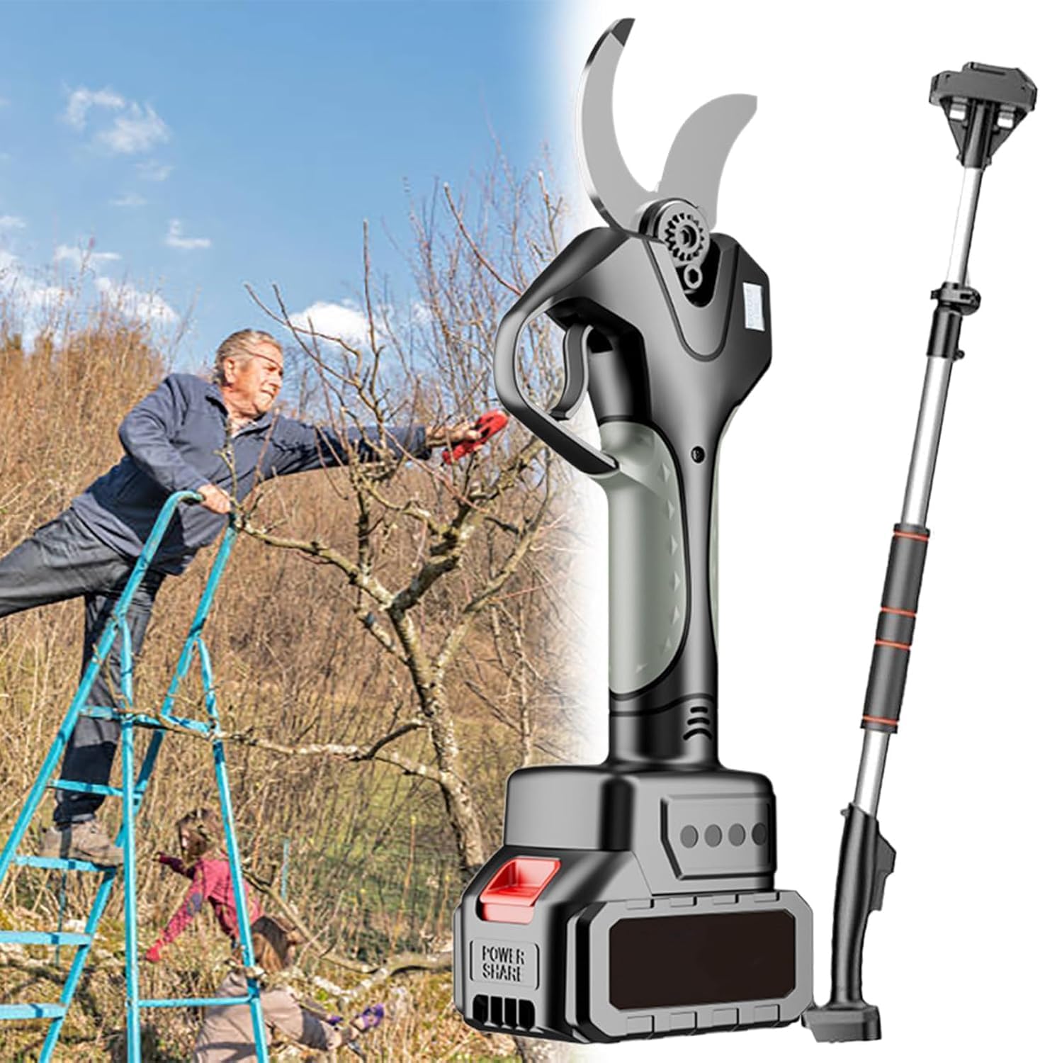 2-in-1 Rod Pruning Shears Cordless, Electric Pruning Shears with Extension Rod, Battery Powered Pruner, 3