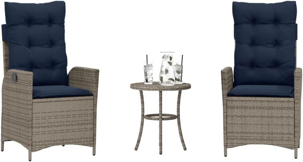 3 Piece Bistro Set with Cushions Gray Poly Rattan Garden Furniture