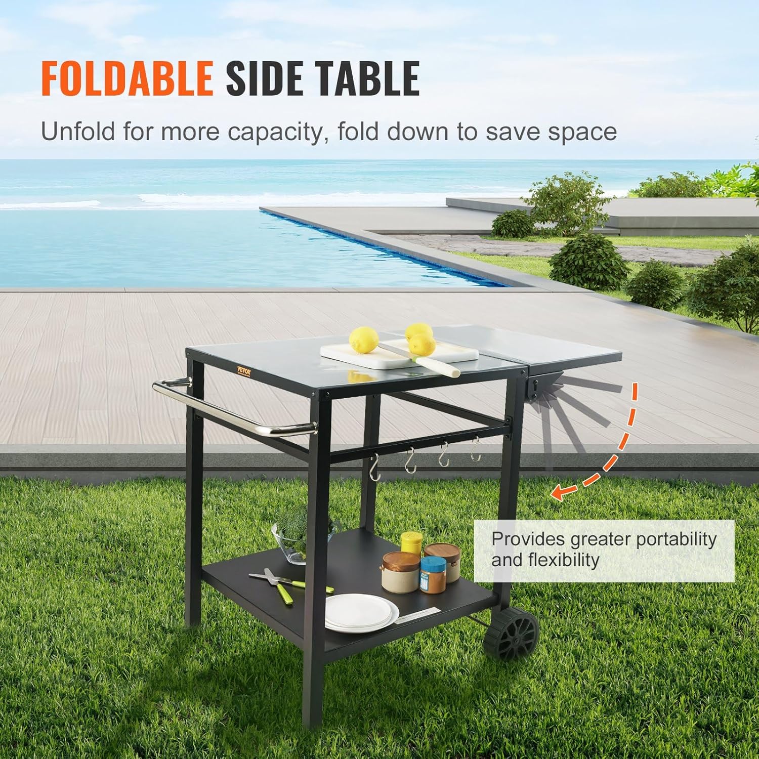 Outdoor Grill Dining Cart with Double-Shelf, BBQ Movable Food Prep Table, Multifunctional Foldable Iron Table Top, Portable Modular Carts for Pizza Oven, Worktable with 2 Wheels, Carry Handle