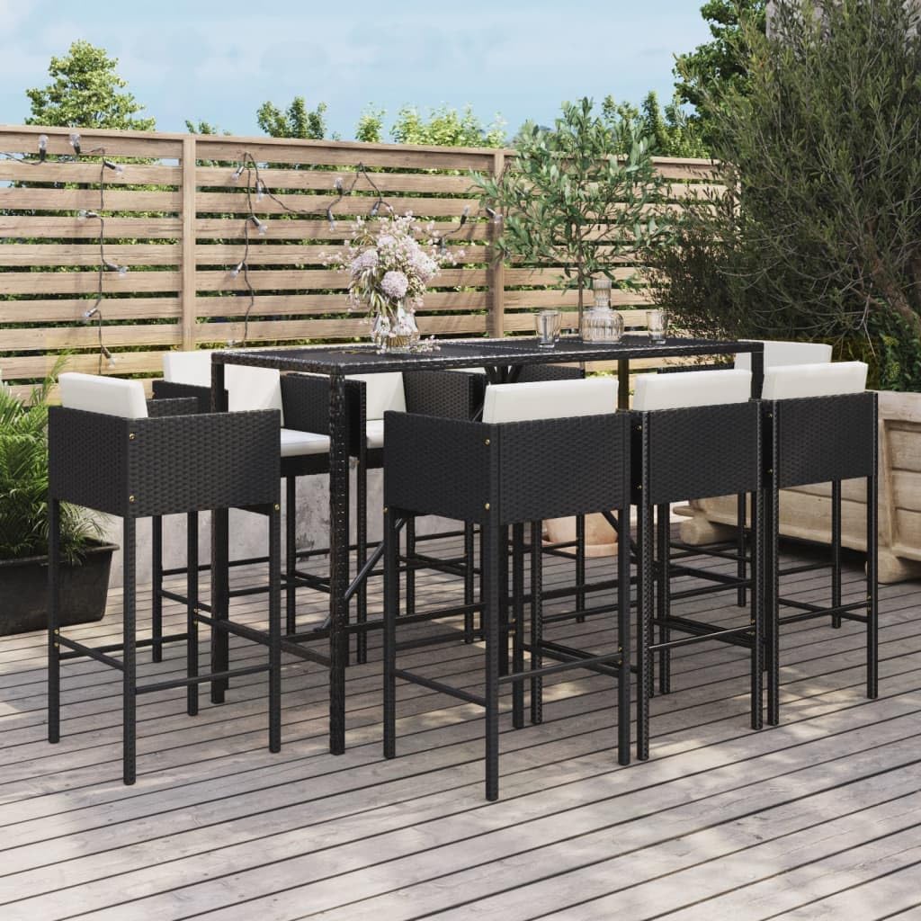 9-Piece Garden Bar Set, Black PE Rattan Outdoor Table and Chairs, Patio Furniture Set with Footrest, for Balcony, Dining, Terrace