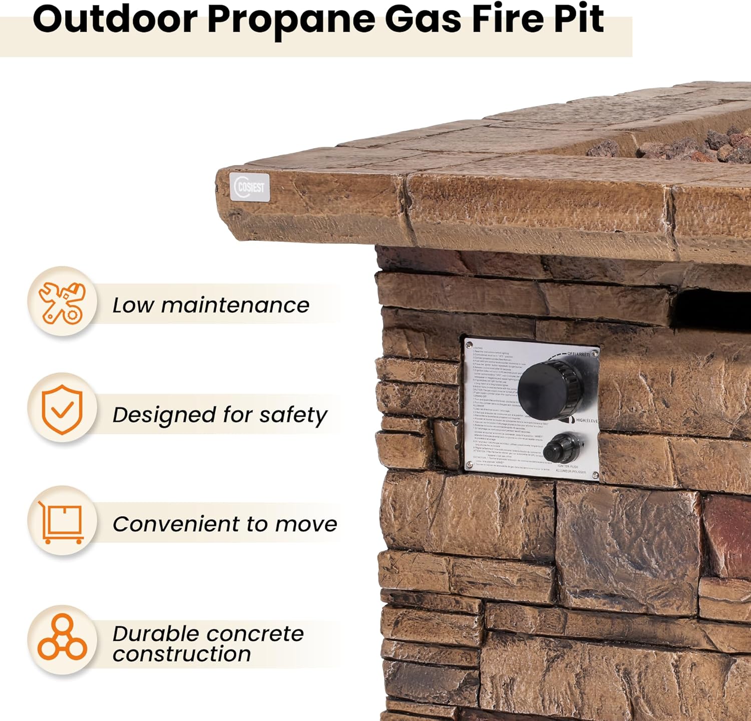 HOMPUS Outdoor Propane Fire Pit Table 32-inch Imitation Stone Square Concrete Propane Fire Pit with Lava Rocks and Rain Cover 50,000 BTU Gas Smokeless Fire Pits for Outside Patio,Garden, CSA Certified