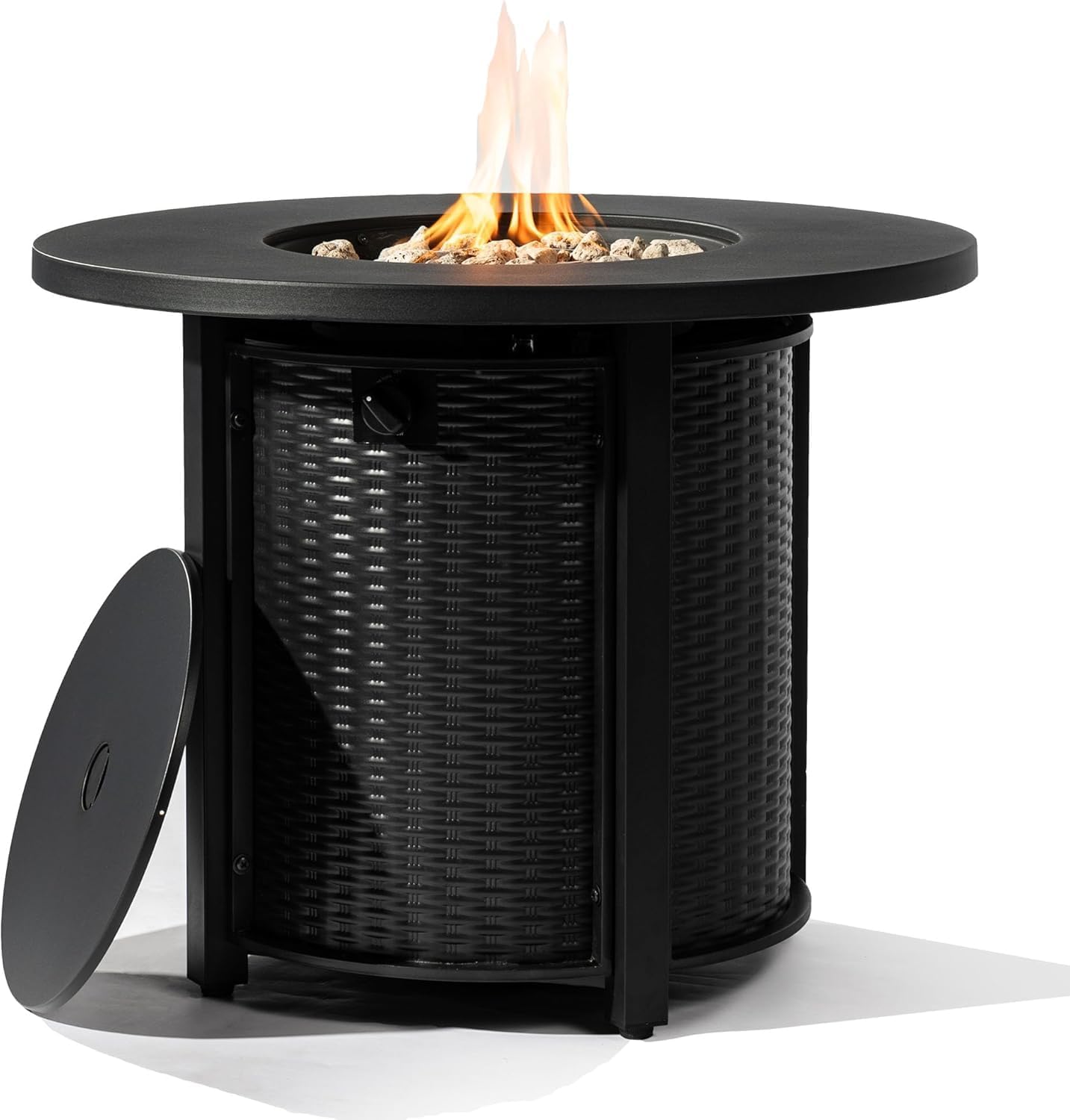 32'' Round Gas Fire Pit, 50,000 BTU Steel Outdoor Fire Tables, Fire Table with Lid, Add Warmth & Ambience to Gatherings and Parties On Patio Deck Garden Backyard, Black.