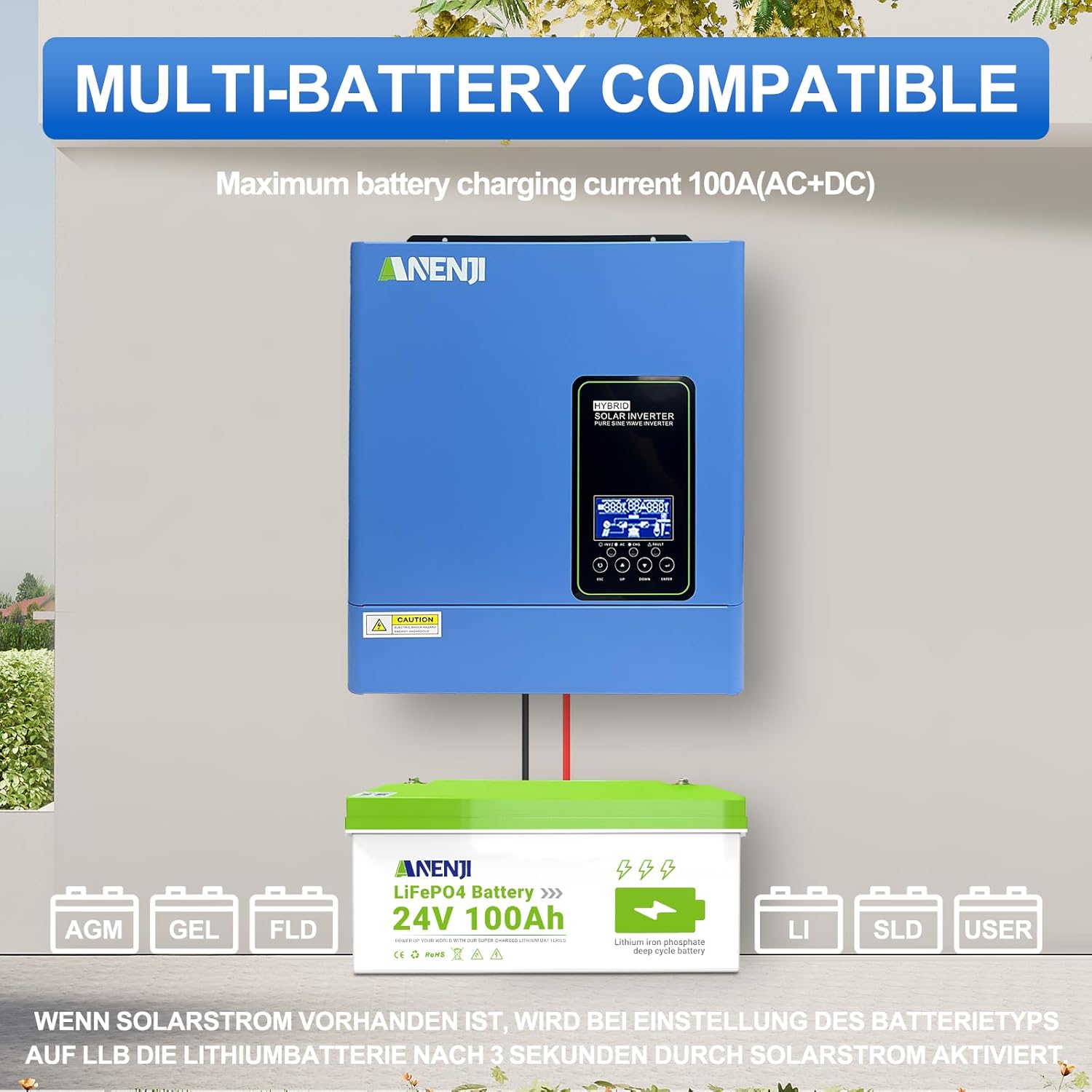 3000W Hybrid Inverter, 24Vdc to 110Vac Solar Inverter Charger Built-in 100A MPPT Controller, Pure Sine Wave PV Power Converter, Supports Battery-Less or AGM Lithium Battery