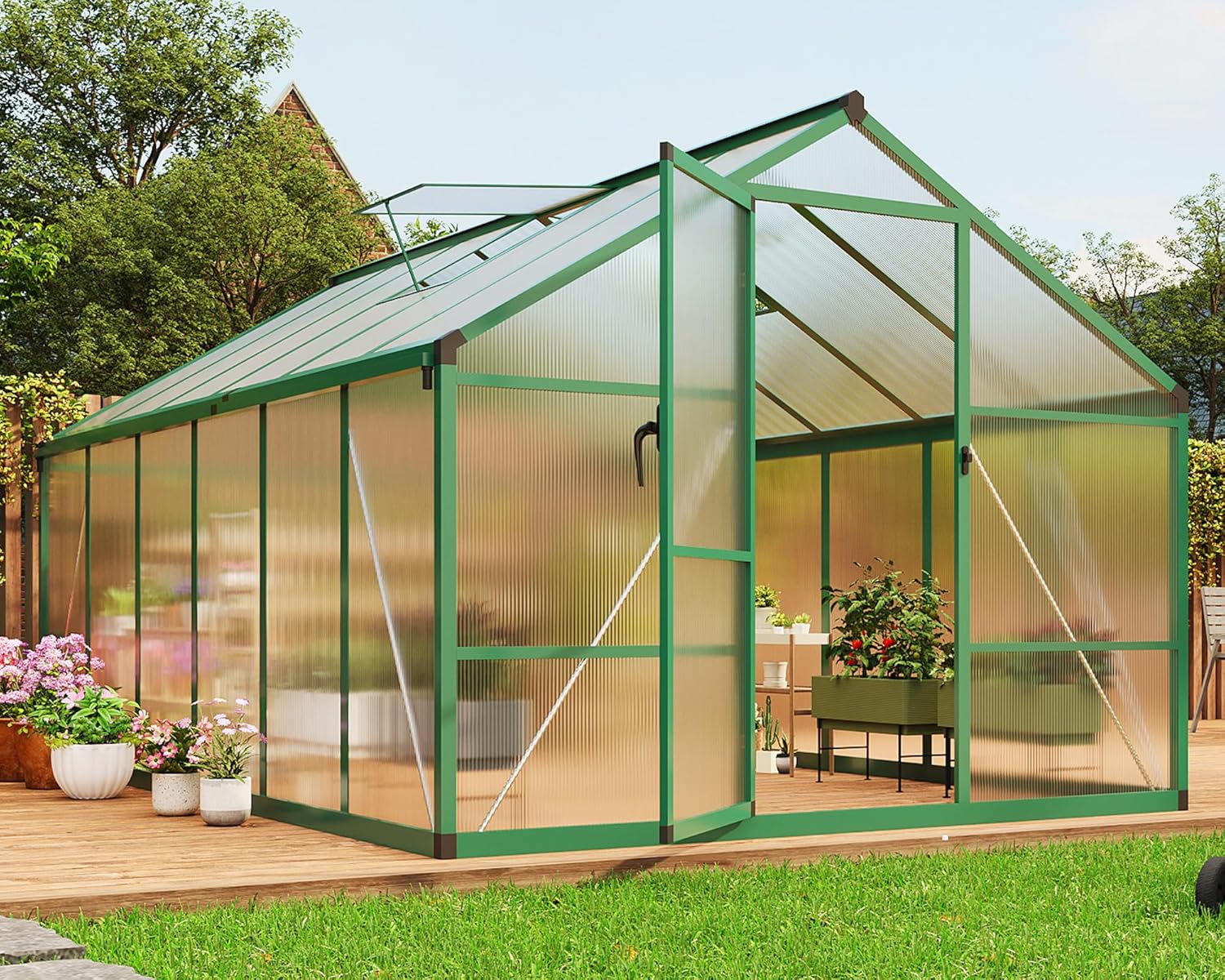 8X12 FT Outdoor Polycarbonate Greenhouse, Sturdy Aluminum Frame, Adjustable Roof Vent, Ideal for Backyard, Patio, or Garden, All-Weather Green House for Growing Plants and Vegetables