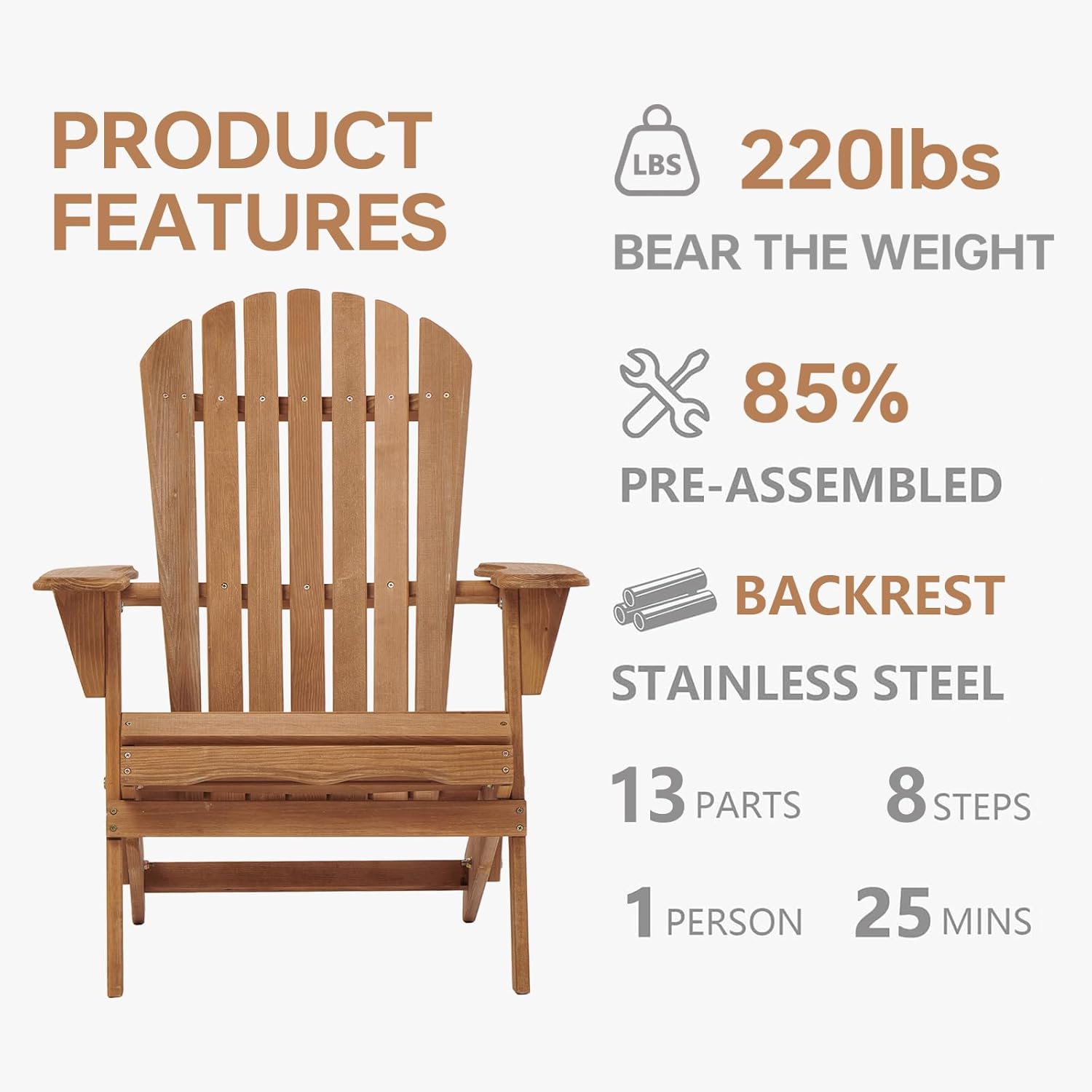 Folding Adirondack Chair Set of 2, Solid Wood All-Weather Fire Pit Chairs with Pre-Assembled Backrest & Seat Board for Deck Backyard Patio Outdoor, Light Brown