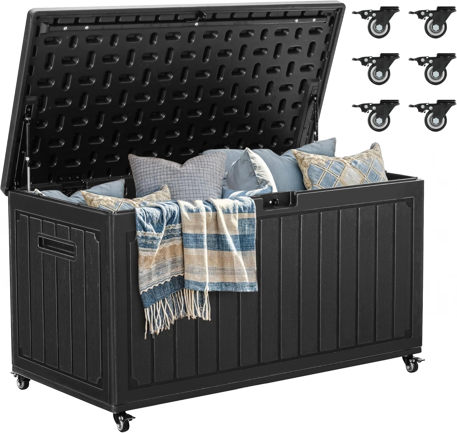 YITAHOME 90 Gallon Outdoor Storage Box with 6 Wheels, Large Double-Wall Resin Deck Box, Lockable Waterproof Outside Storage for Patio Furniture, Cushion, Pool Float, Garden Tool, Black