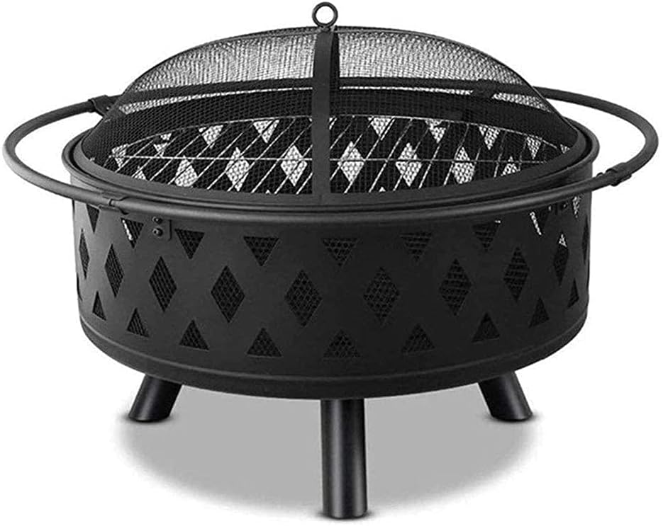 Small Firepit, Fire Pit with BBQ Grill Shelf, Outdoor Metal Brazier Star Moon Shape Garden Patio Heater Camping Bowl BBQ with Grill, Mesh Lid, Grate