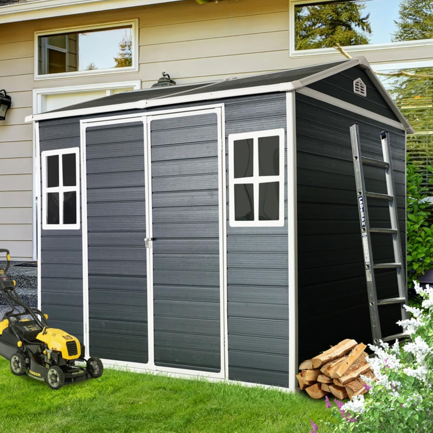 8x6FT Resin Outdoor Storage Shed with Built-in Floor,2 Air Vents,Lockable Doors,2 Windows,UV-Resistant Weatherproof Shed for Garden Tools,Bikes,Patio,Backyard Organization (Black)