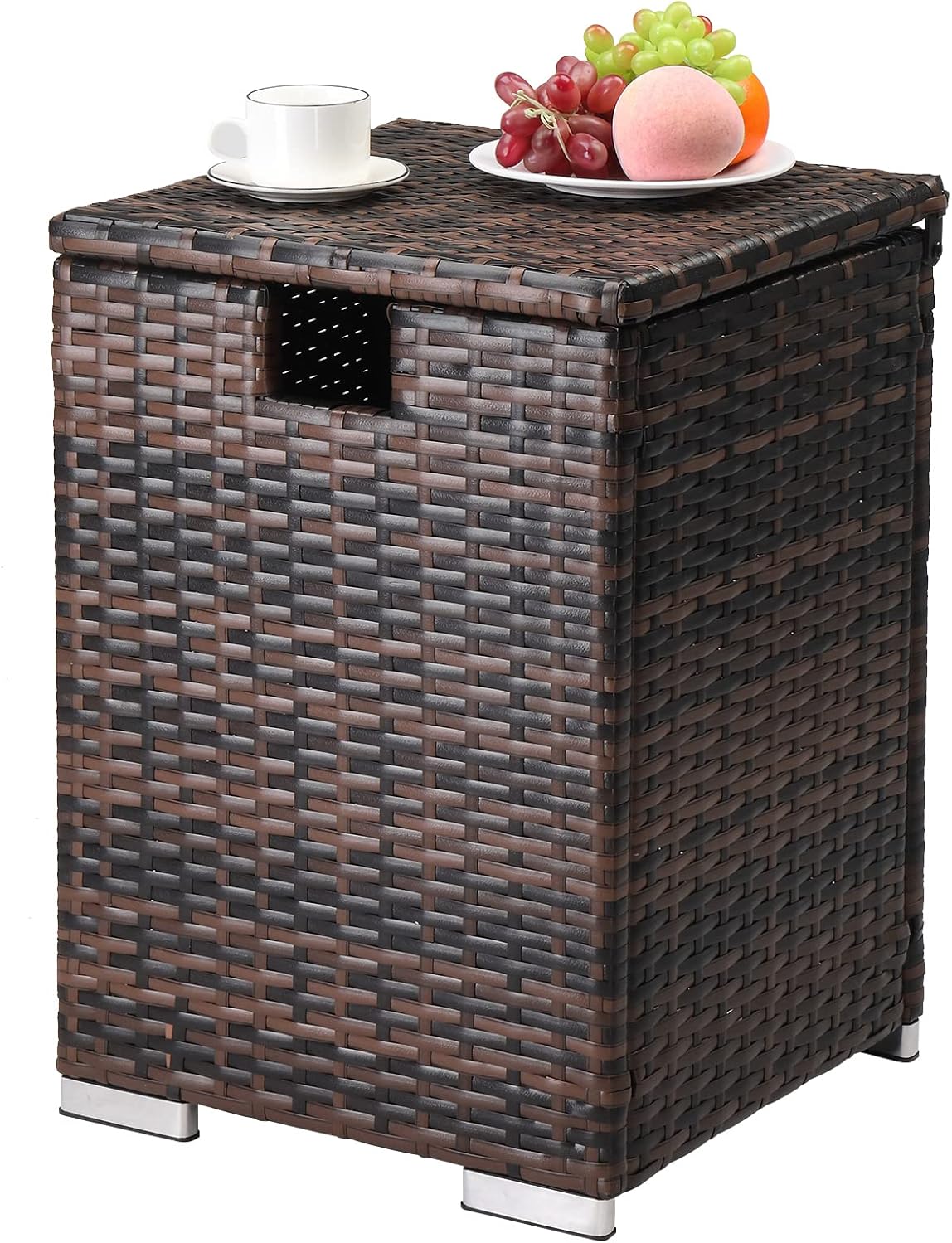 Propane Tank Table Cover, 20LB Propane Tank Storage Box, Iron Frame Propane Tank Holder Cover, Cover Hideaway Table for Gas Fire Pits Outdoor Side Table Ratten Gas Tank Table