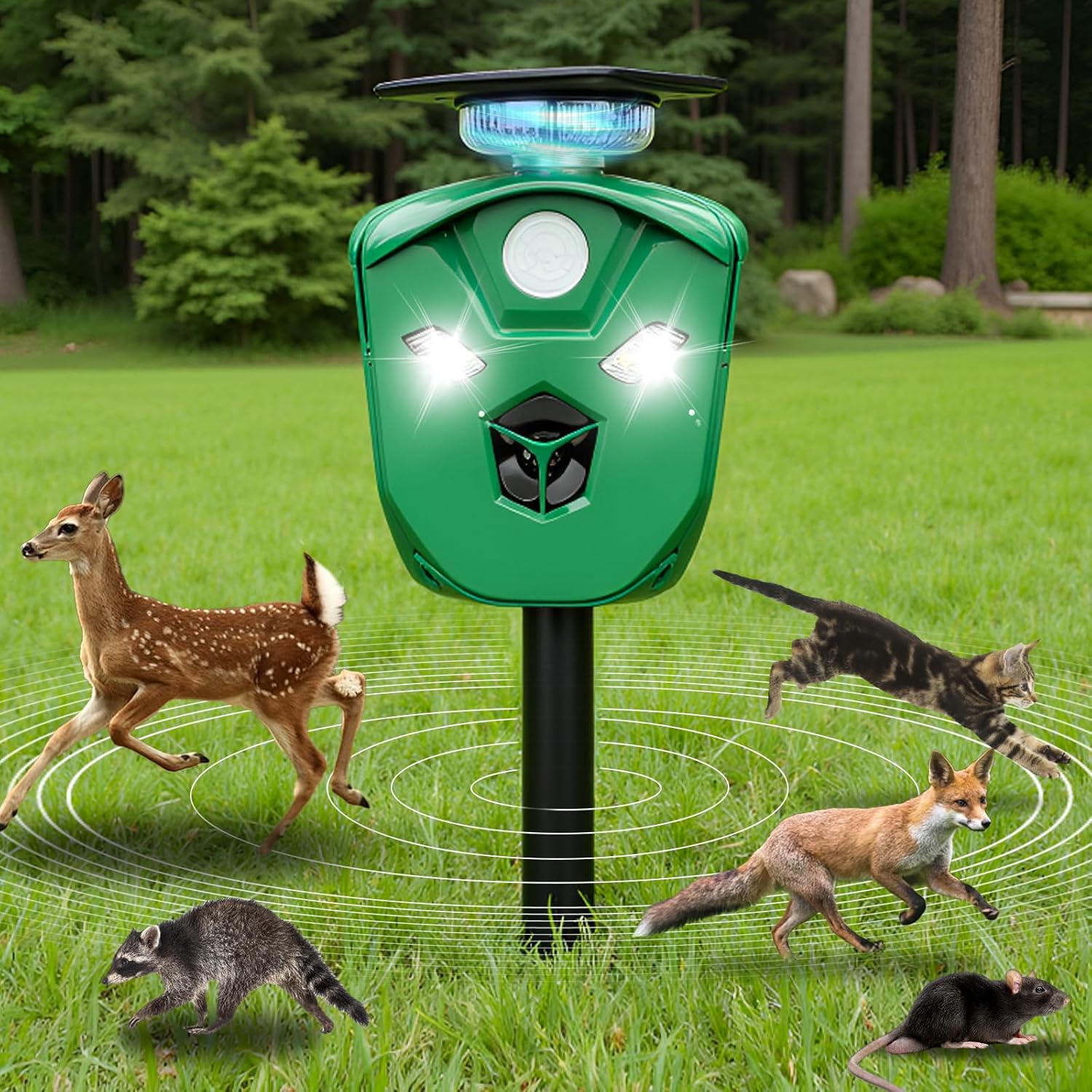 Solar Ultrasonic Animal Repeller Outdoor – 360° Coverage, Dual-Powered (Solar/USB), 3 PIR Sensors & 6 Flashing Lights | Waterproof Deterrent for Cat, Deer, Raccoon, Dog, Rabbit | Yard & Garden