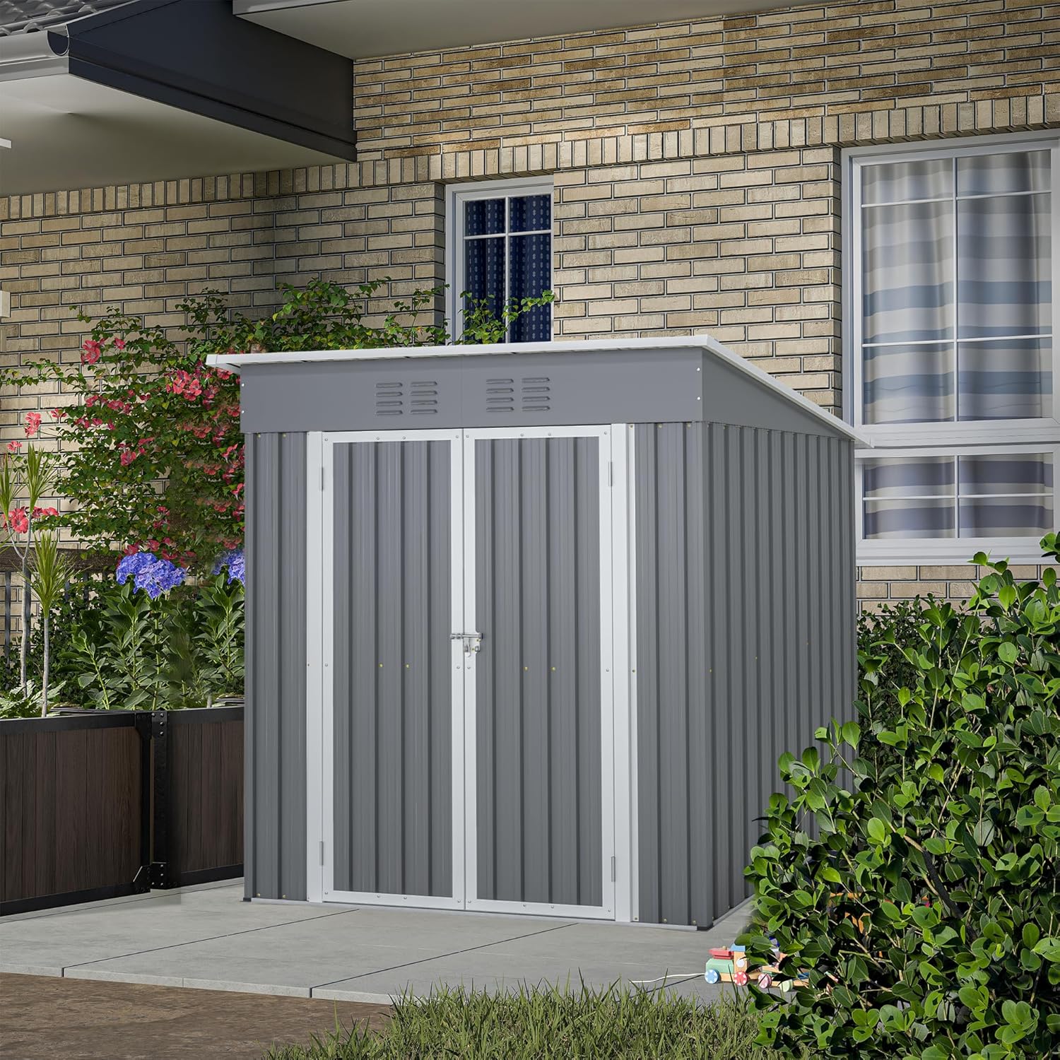 6X4 FT Outdoor Storage Shed, Waterproof Metal Garden Sheds with Lockable Door, Steel Tool Storage Buildings Shed & Outdoor Storage House for Garden, Backyard, Patio, Lawn, Trash Cans(Grey)