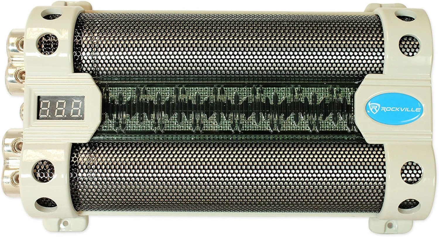 Rockville RFC50F v2 50 Farad Car Audio Capacitor, 3-Digit Super Bright Blue LED Voltage Display, Polarity Alerts, Heavy-Duty Terminals, for Car Audio Systems