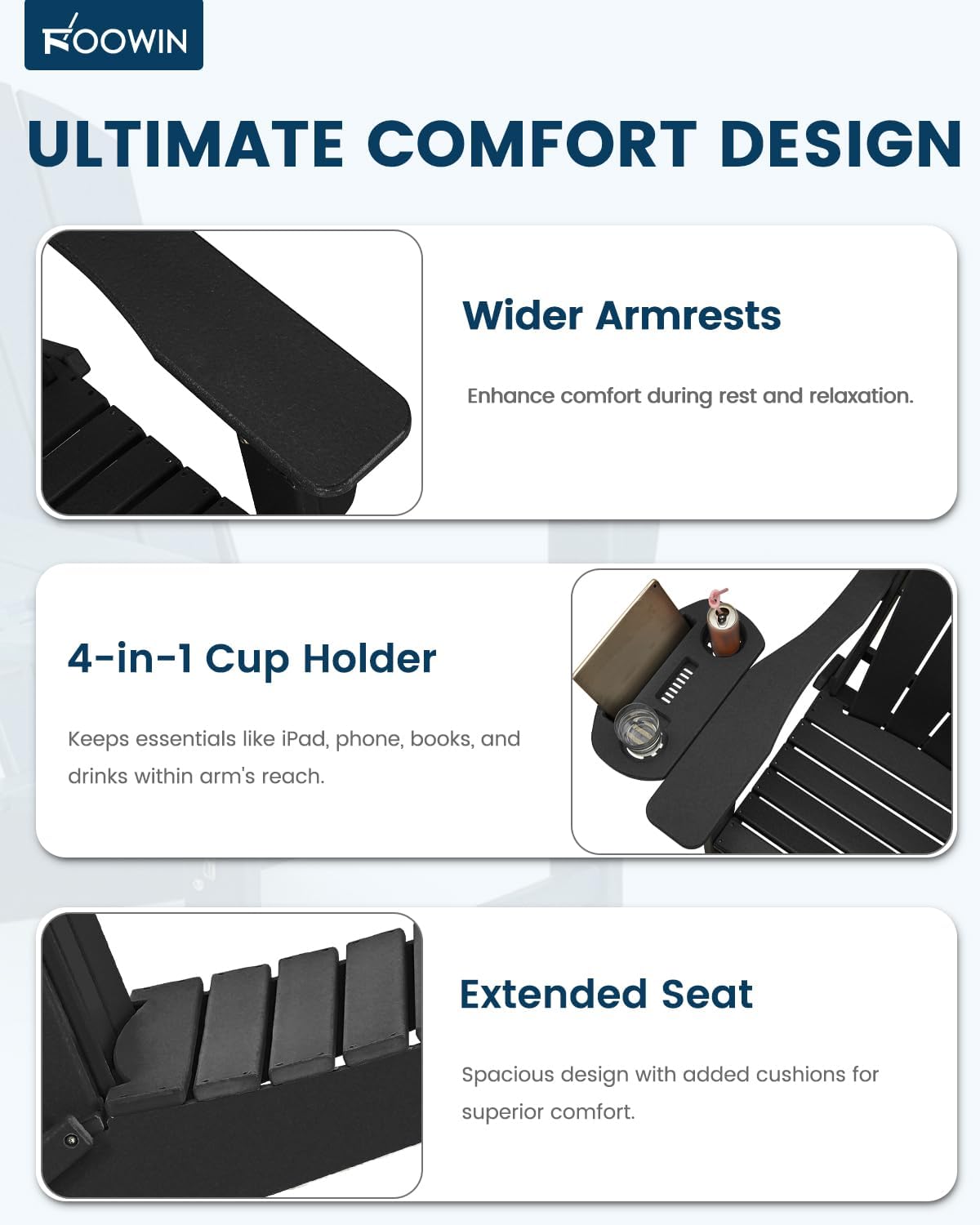 FOOWIN Folding Adirondack Chair Set of 6, HDPE Adirondack Chairs with Cup Holder, Weather Resistant Plastic Fire Pit Chairs for Outdoor, Patio, Lawn, Garden, Backyard, Deck, Black